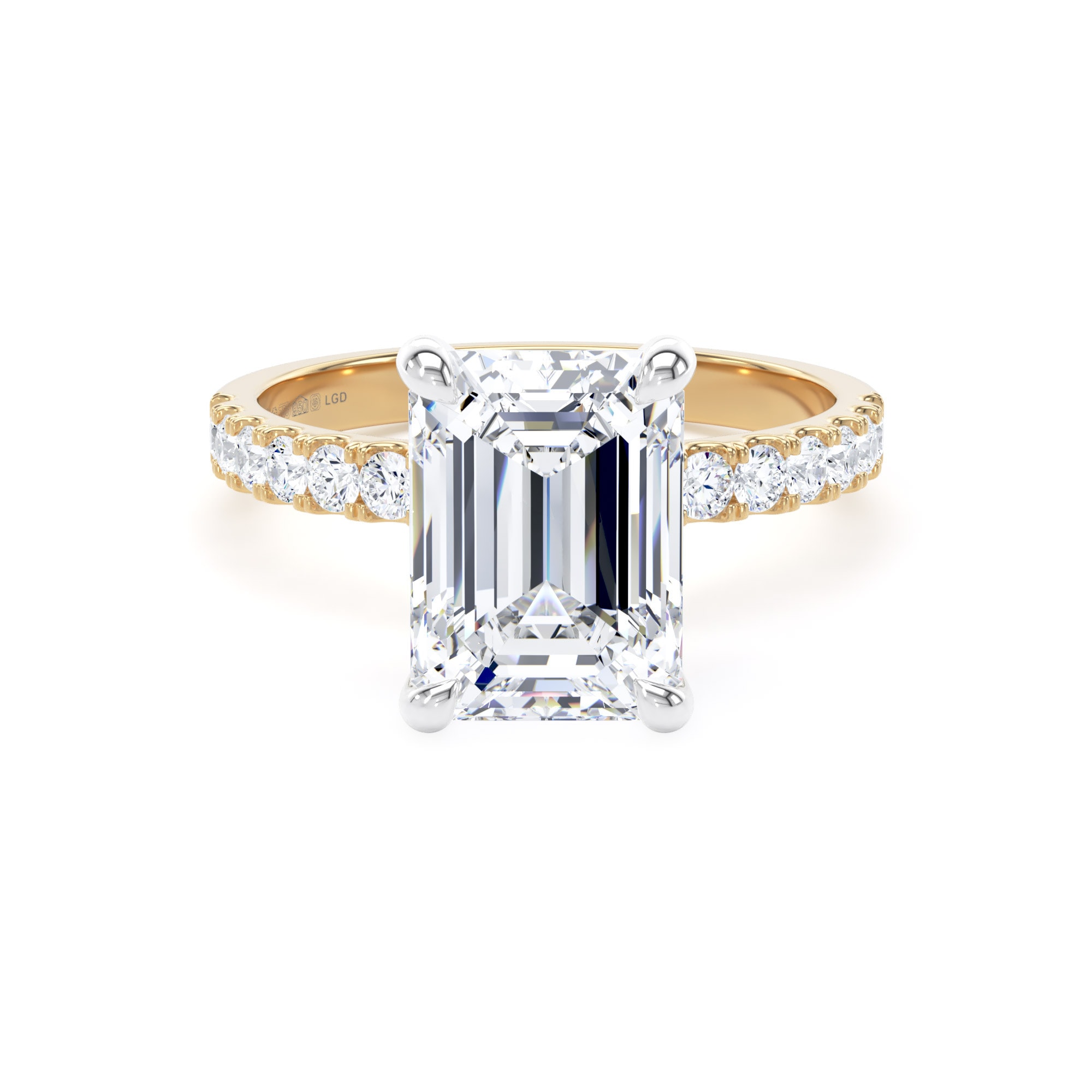 18ct Yellow Gold and Platinum 3.25cttw Emerald Cut Lab Grown Diamond Set Shoulder Solitaire Engagement Ring