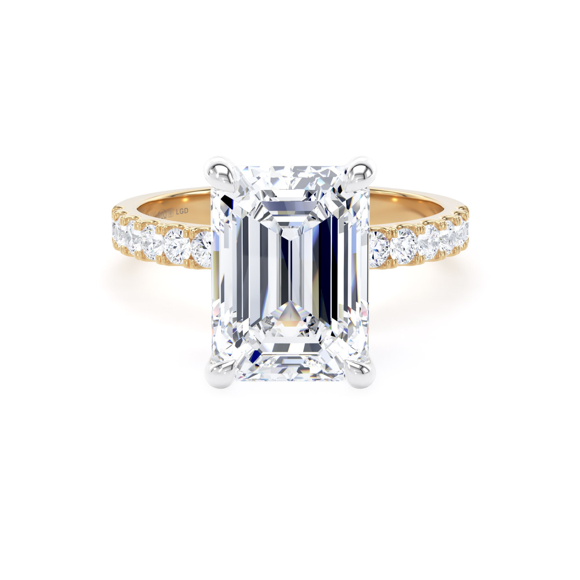 18ct Yellow Gold and Platinum 4.25cttw Emerald Cut Lab Grown Diamond Set Shoulder Solitaire Engagement Ring