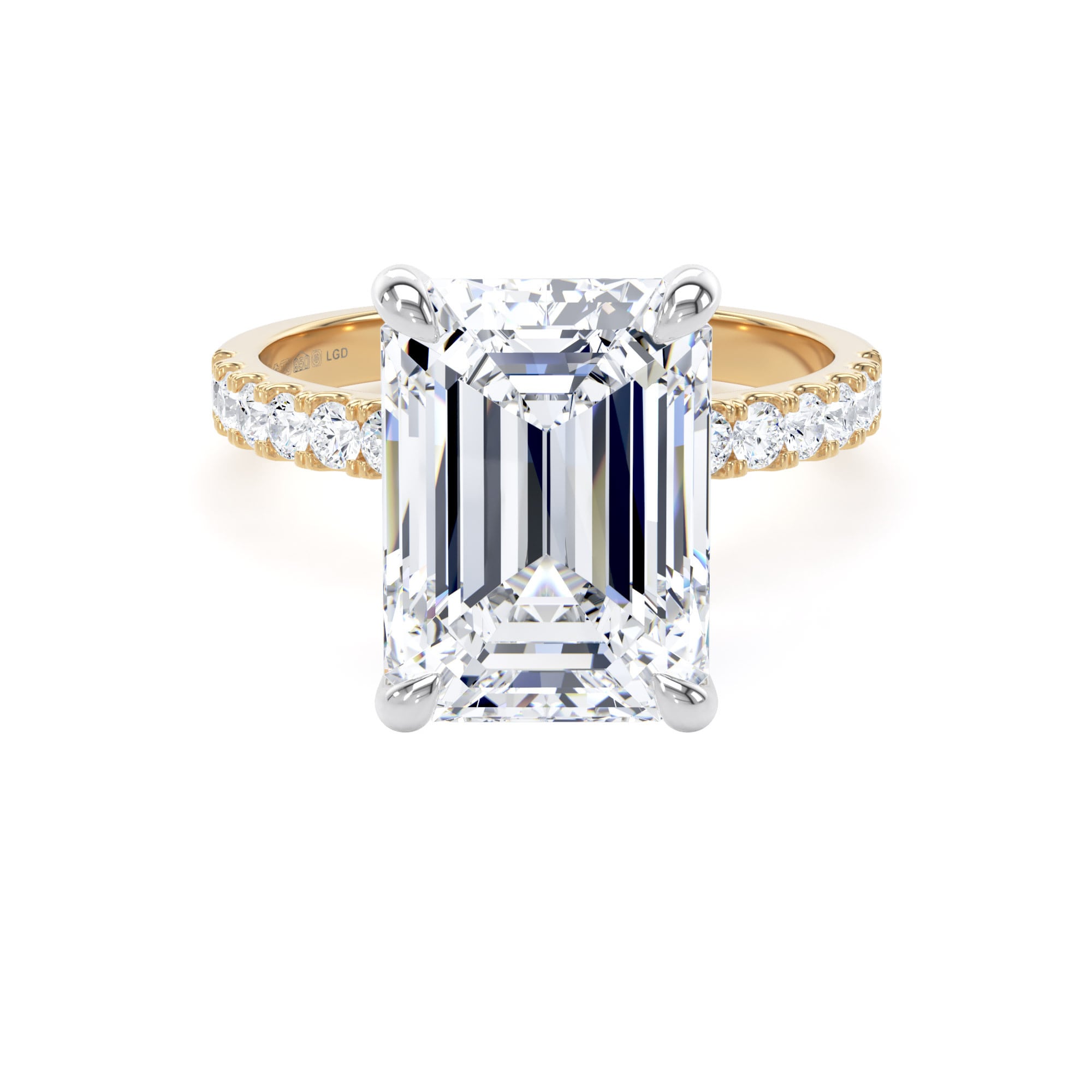 18ct Yellow Gold and Platinum 5.25cttw Emerald Cut Lab Grown Diamond Set Shoulder Solitaire Engagement Ring