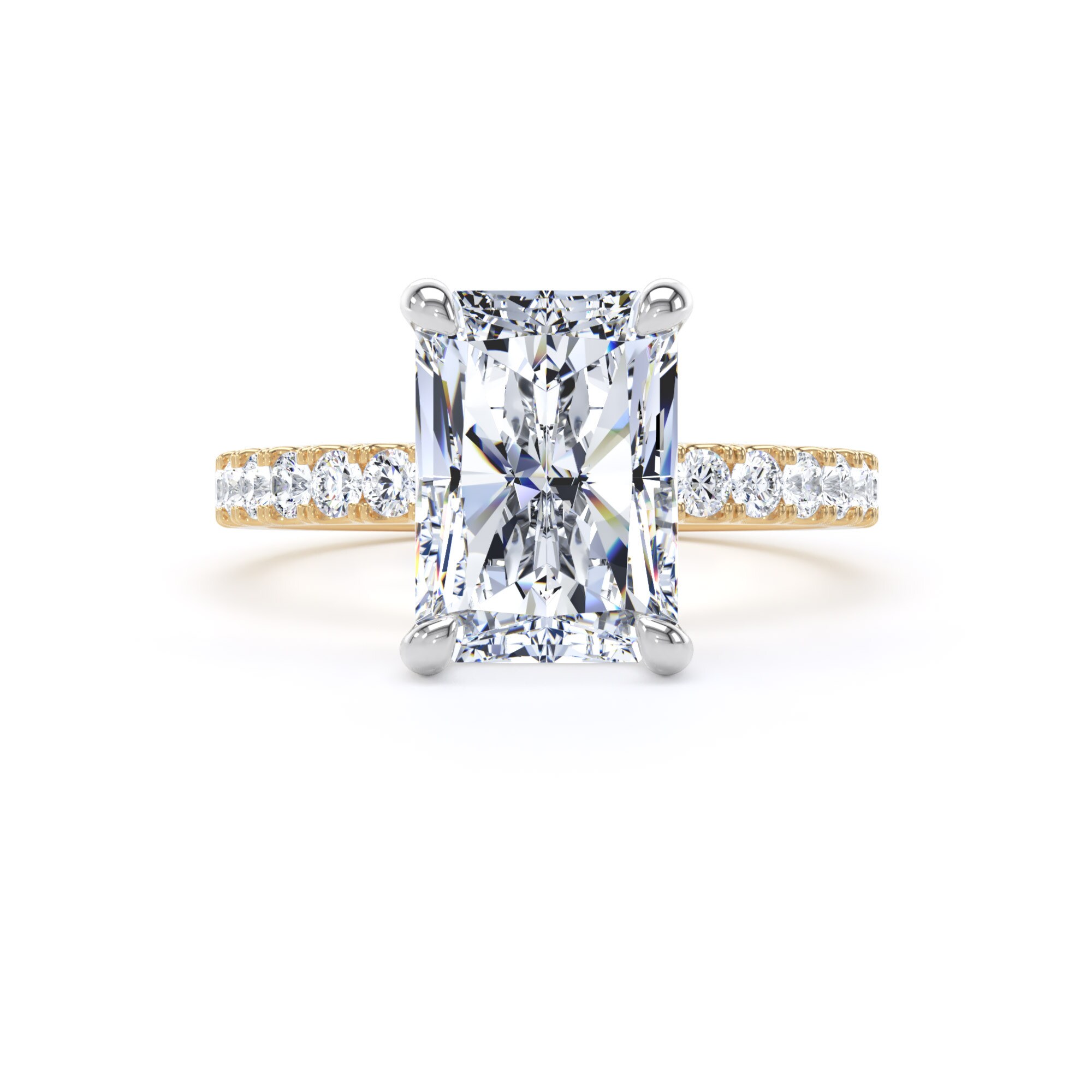 Goldsmiths 18ct Yellow Gold and Platinum 4.25cttw Radiant Cut Lab Grown Diamond Set Shoulder Solitaire Engagement Ring - Ring Size S.5 Goldsmiths 18ct Yellow Gold and Platinum 4.25cttw Radiant Cut Lab Grown Diamond Set Shoulder Solitaire Engagement Ring - Ring Size S.5