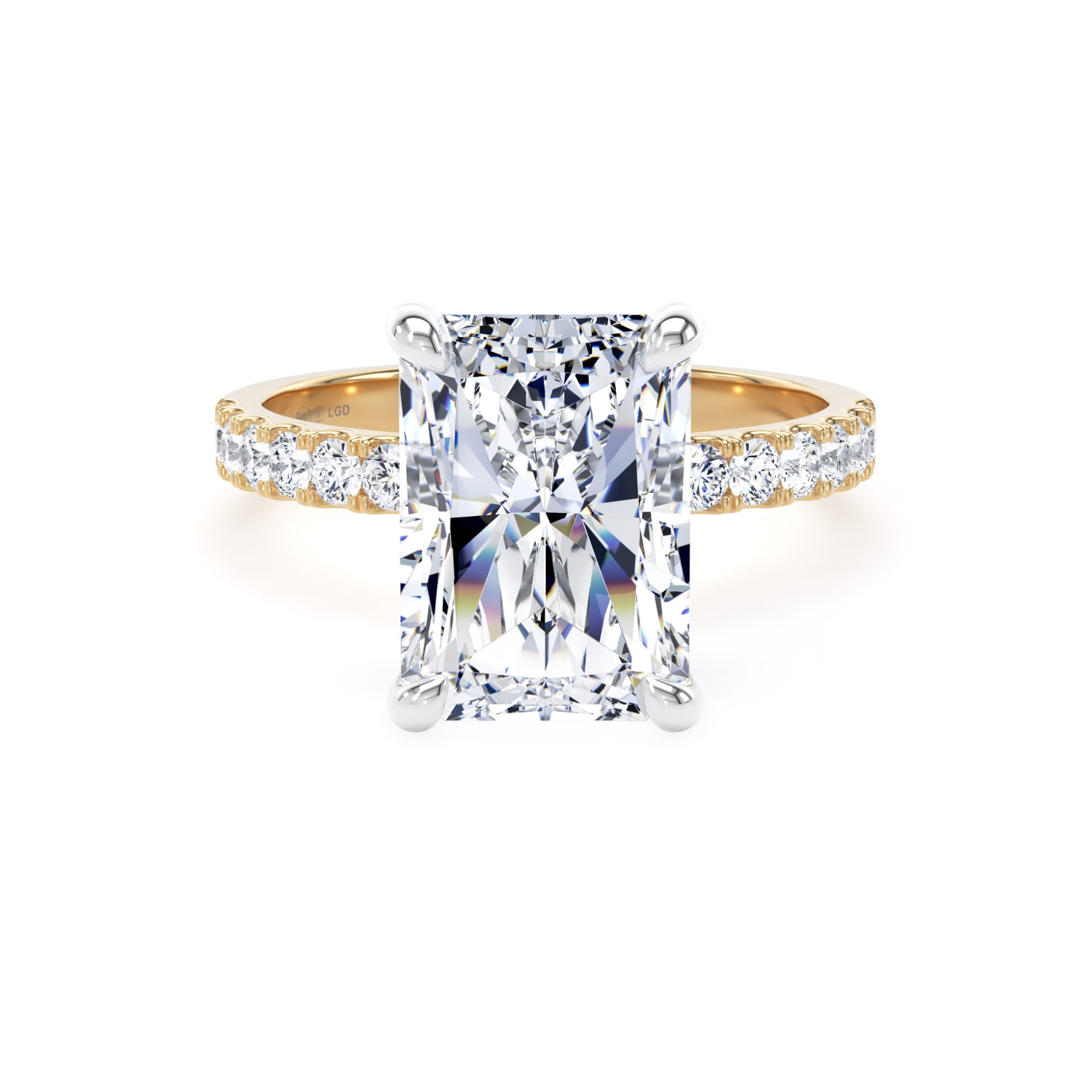 18ct Yellow Gold and Platinum 5.25cttw Radiant Cut Lab Grown Diamond Set Shoulder Solitaire Engagement Ring