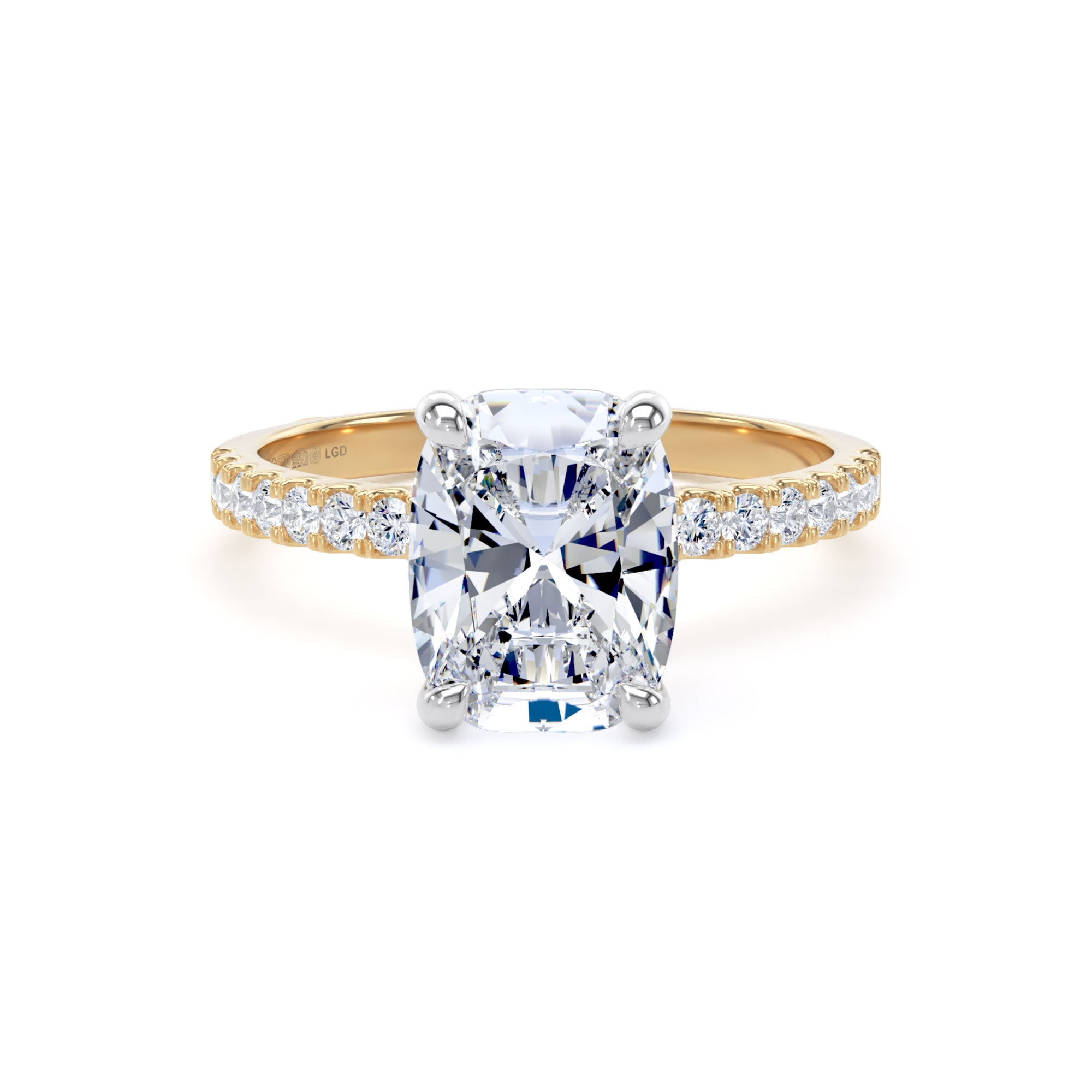 18ct Yellow Gold and Platinum 2.70cttw Elongated Cushion Cut Lab Grown Diamond Set Shoulder Solitaire Engagement Ring