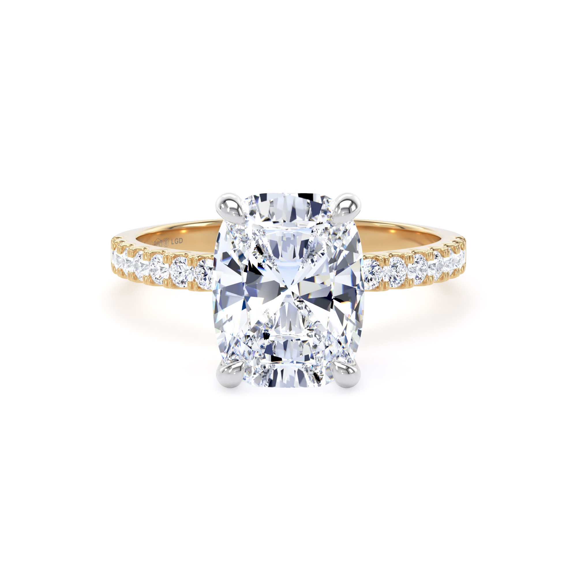 18ct Yellow Gold and Platinum 3.25cttw Elongated Cushion Cut Lab Grown Diamond Set Shoulder Solitaire Engagement Ring