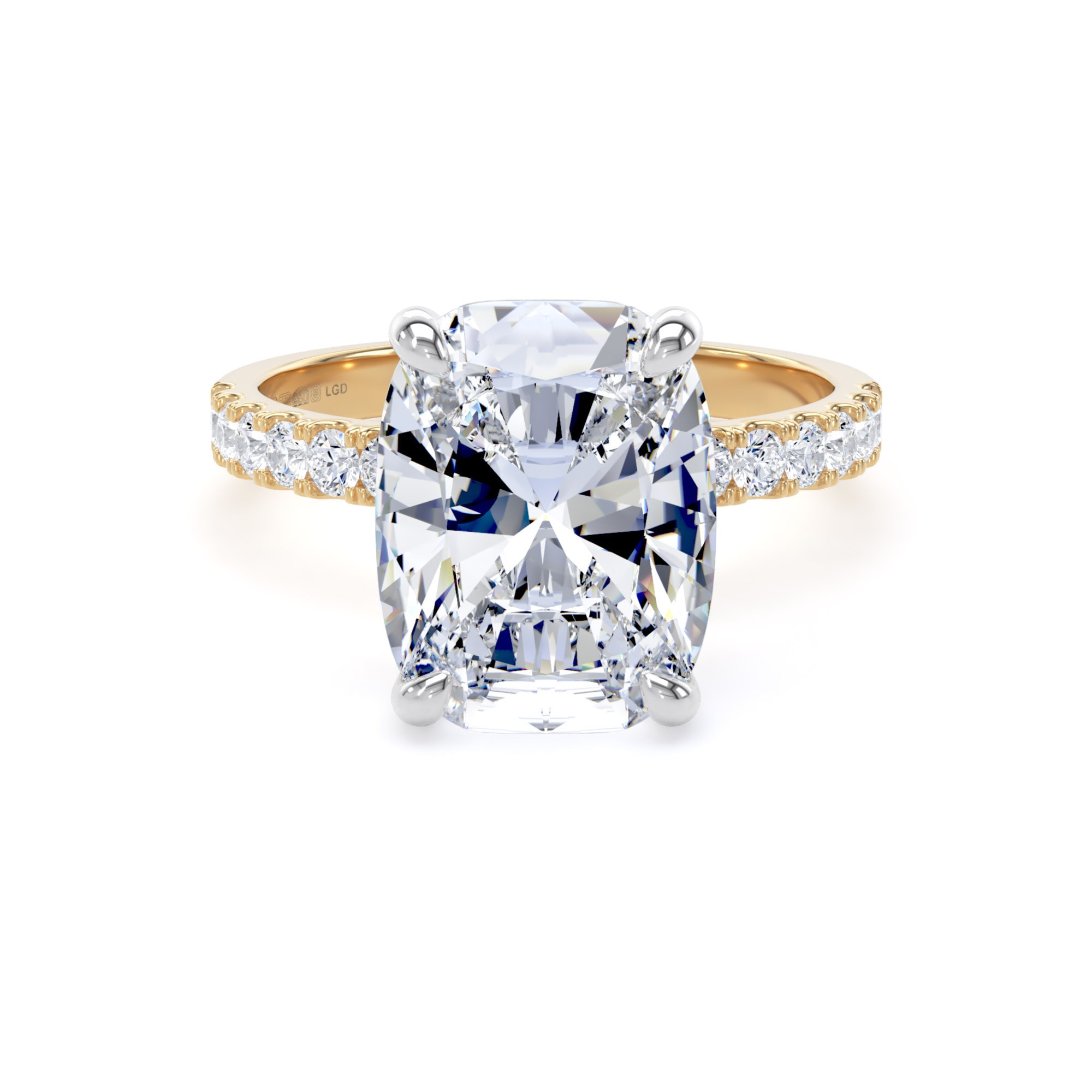 18ct Yellow Gold and Platinum 5.25cttw Elongated Cushion Cut Lab Grown Diamond Set Shoulder Solitaire Engagement Ring