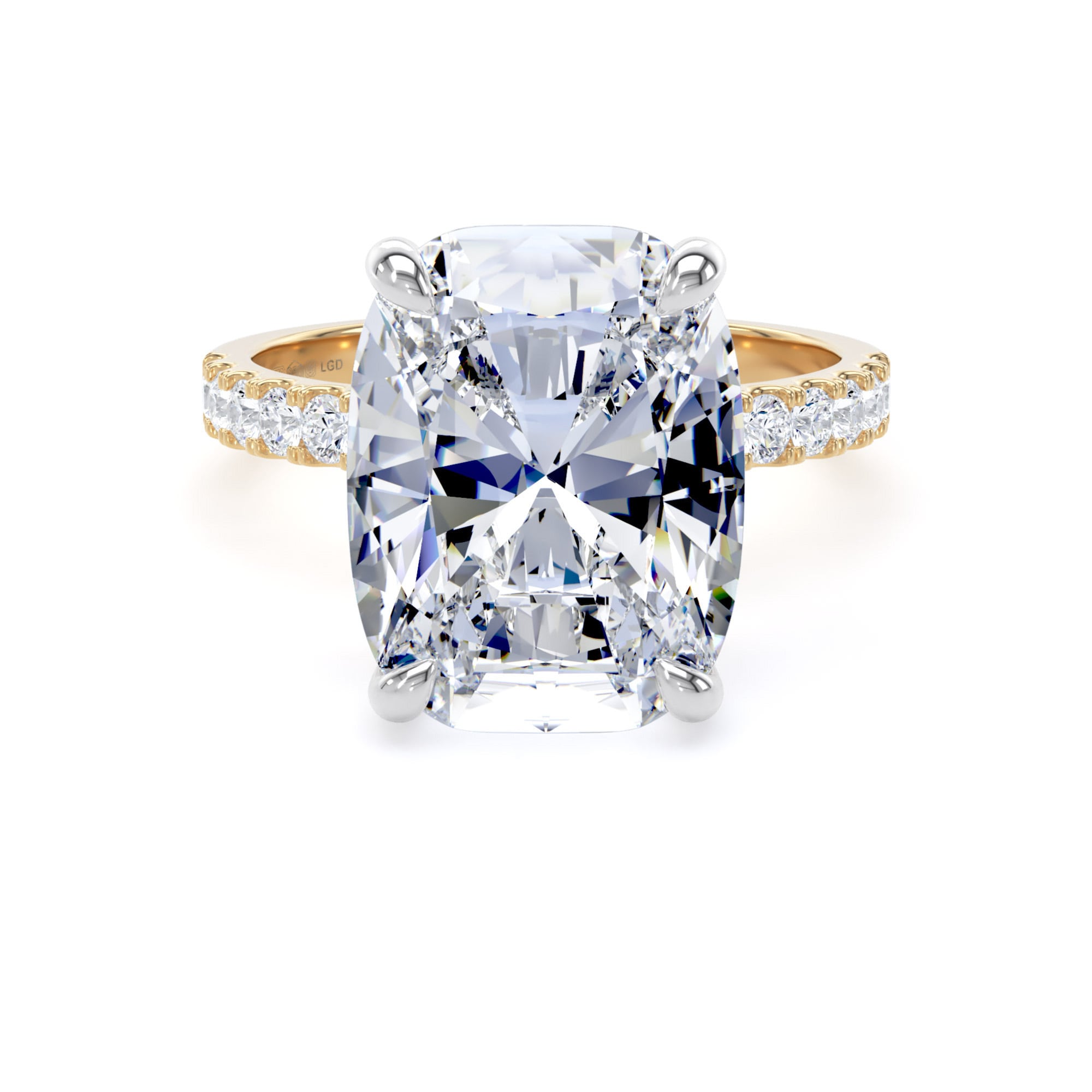 18ct Yellow Gold and Platinum 7.25cttw Elongated Cushion Cut Lab Grown Diamond Set Shoulder Solitaire Engagement Ring