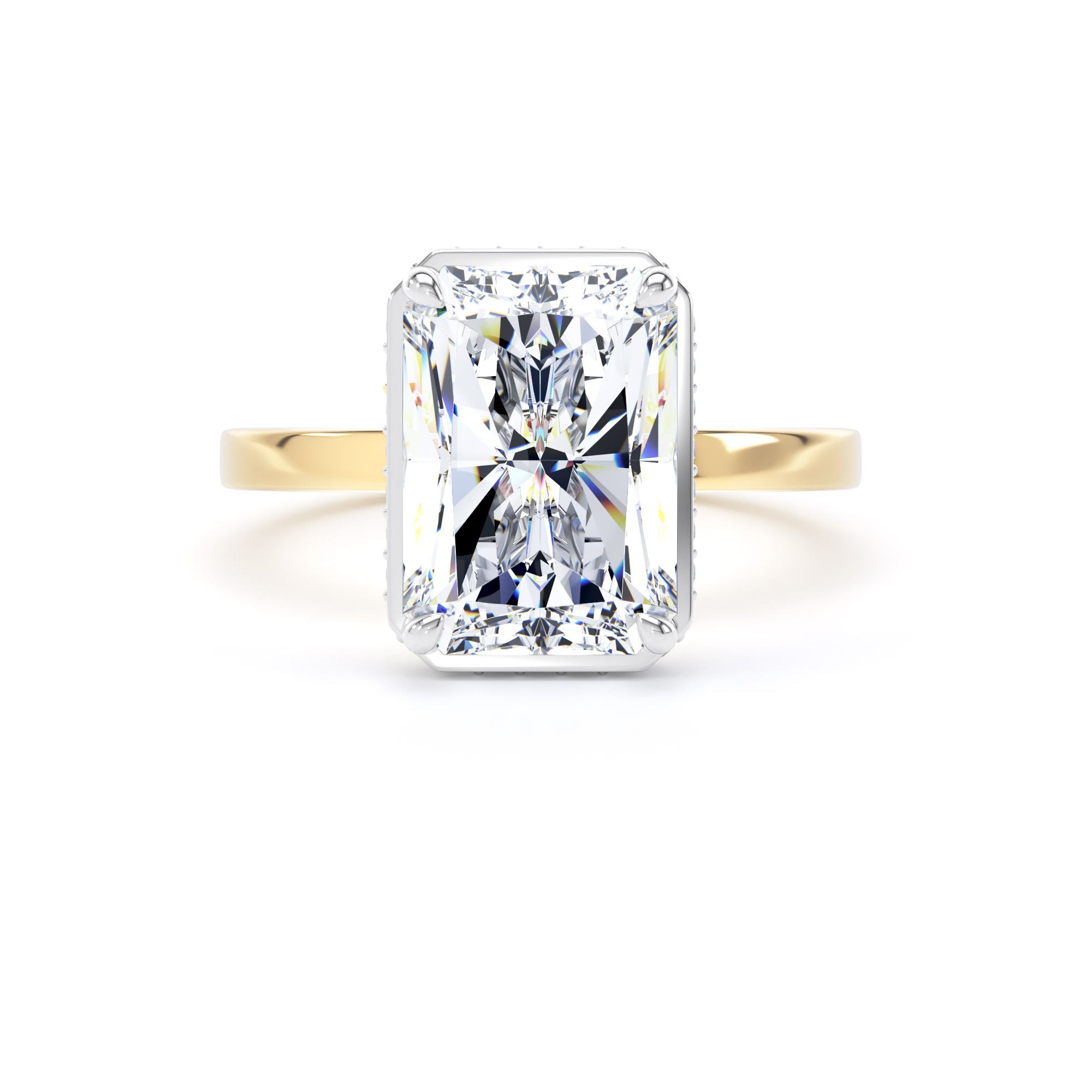 Goldsmiths 18ct Yellow Gold and Platinum 5.19cttw Radiant Cut Lab Grown Diamond Hidden Halo Solitaire Engagement Ring - Ring Size P.5 Goldsmiths 18ct Yellow Gold and Platinum 5.19cttw Radiant Cut Lab Grown Diamond Hidden Halo Solitaire Engagement Ring - Ring Size P.5