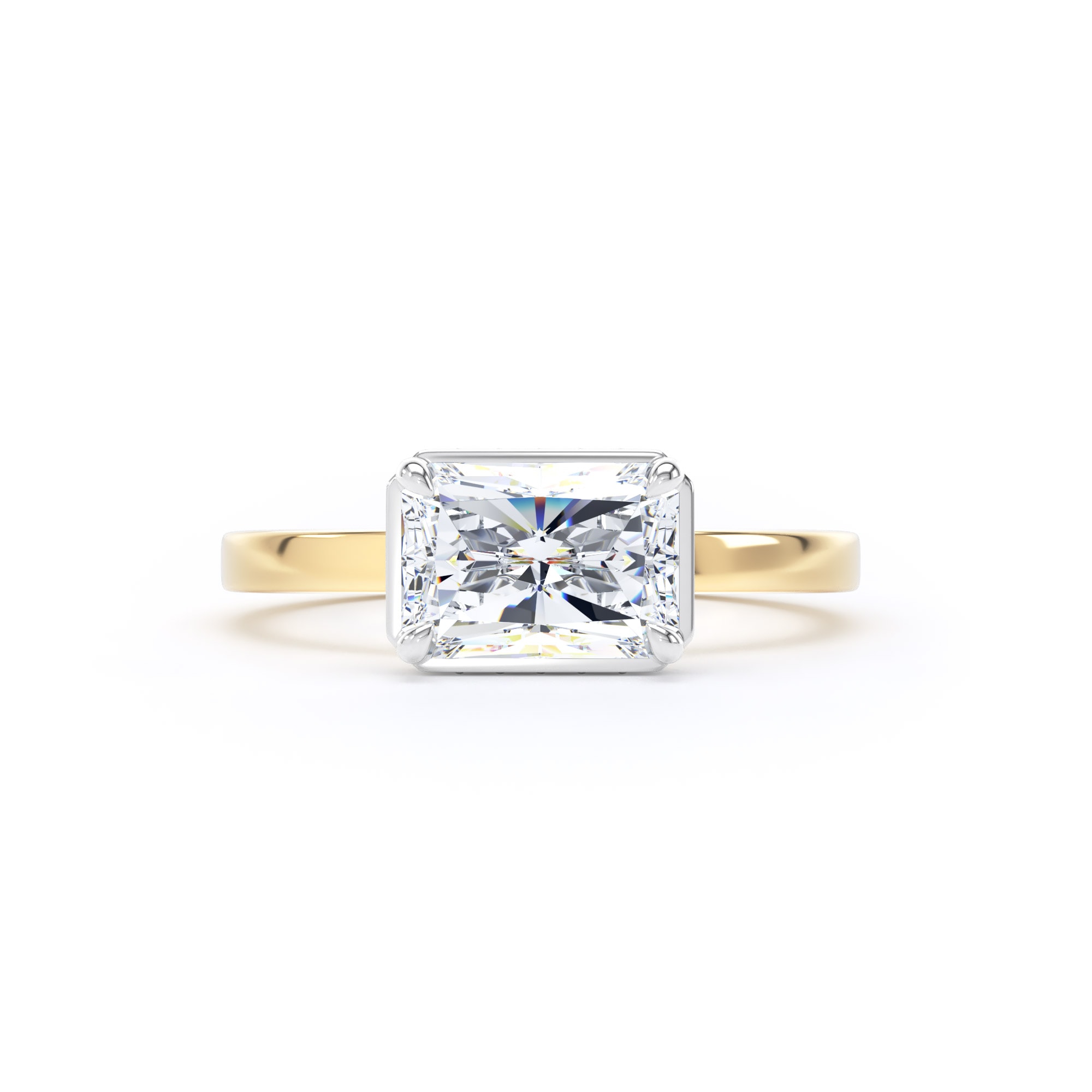 Goldsmiths 18ct Yellow Gold and Platinum East-West 2.13cttw Radiant Cut Lab Grown Diamond Hidden Halo Solitaire Engagement Ring - Ring Size L.5