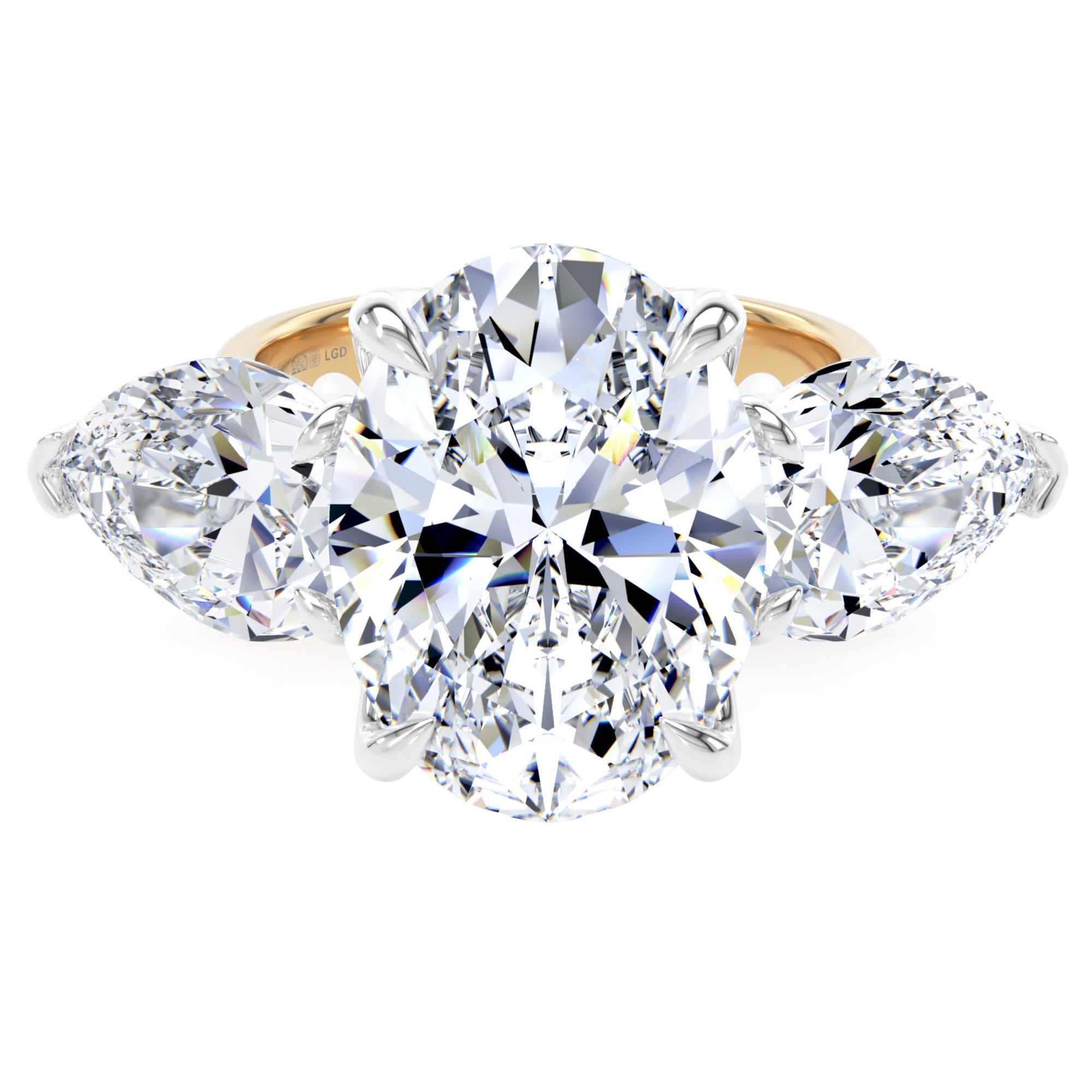 18ct Yellow Gold and Platinum 9.00cttw Oval and Pear Cut Lab Grown Diamond 3 Stone Engagement Ring