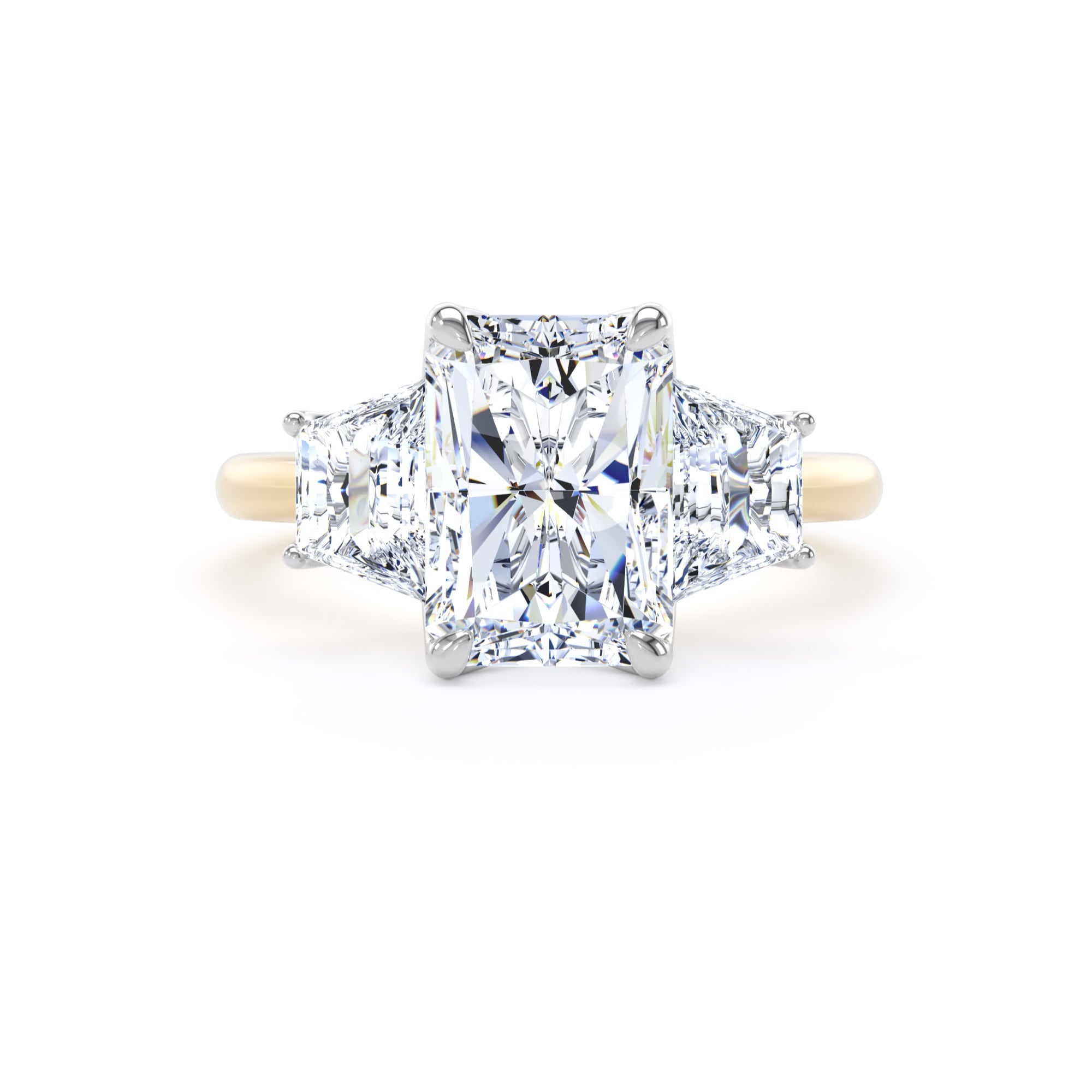 Goldsmiths 18ct Yellow Gold and Platinum 4.20cttw Radiant and Trapezoid Cut Lab Grown Diamond 3 Stone Engagement Ring - Ring Size I Goldsmiths 18ct Yellow Gold and Platinum 4.20cttw Radiant and Trapezoid Cut Lab Grown Diamond 3 Stone Engagement Ring - Ring Size I