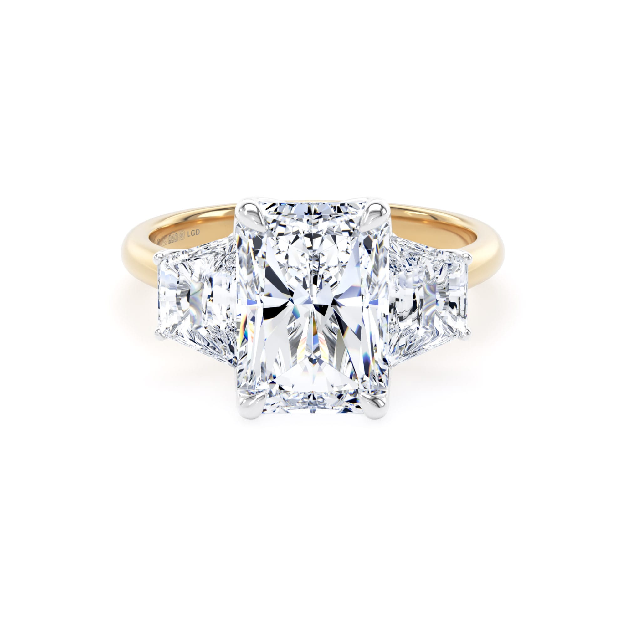 18ct Yellow Gold and Platinum 5.80cttw Radiant and Trapezoid Cut Lab Grown Diamond 3 Stone Engagement Ring