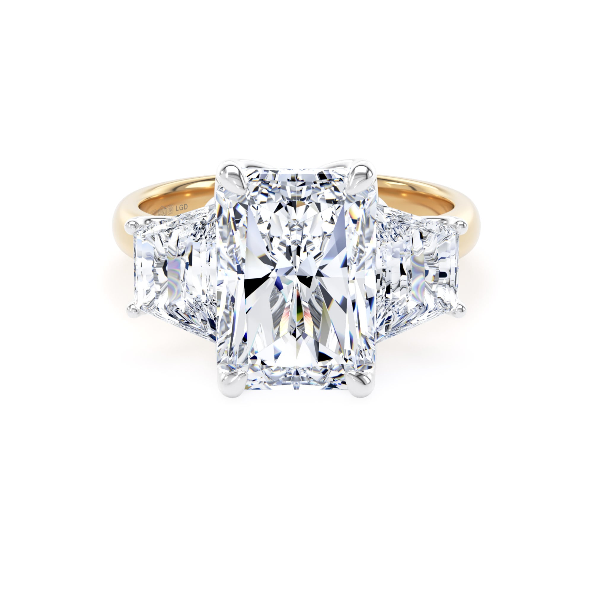 18ct Yellow Gold and Platinum 6.40cttw Radiant and Trapezoid Cut Lab Grown Diamond 3 Stone Engagement Ring