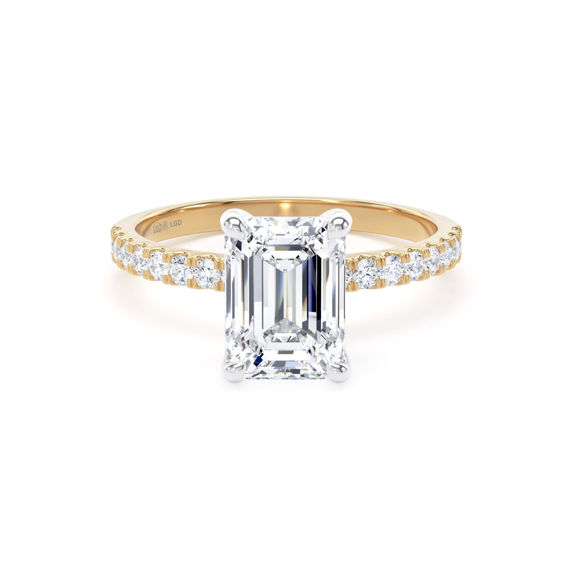 18ct Yellow Gold and Platinum 2.20cttw Emerald Cut Lab Grown Diamond Set Shoulder Solitaire Engagement Ring