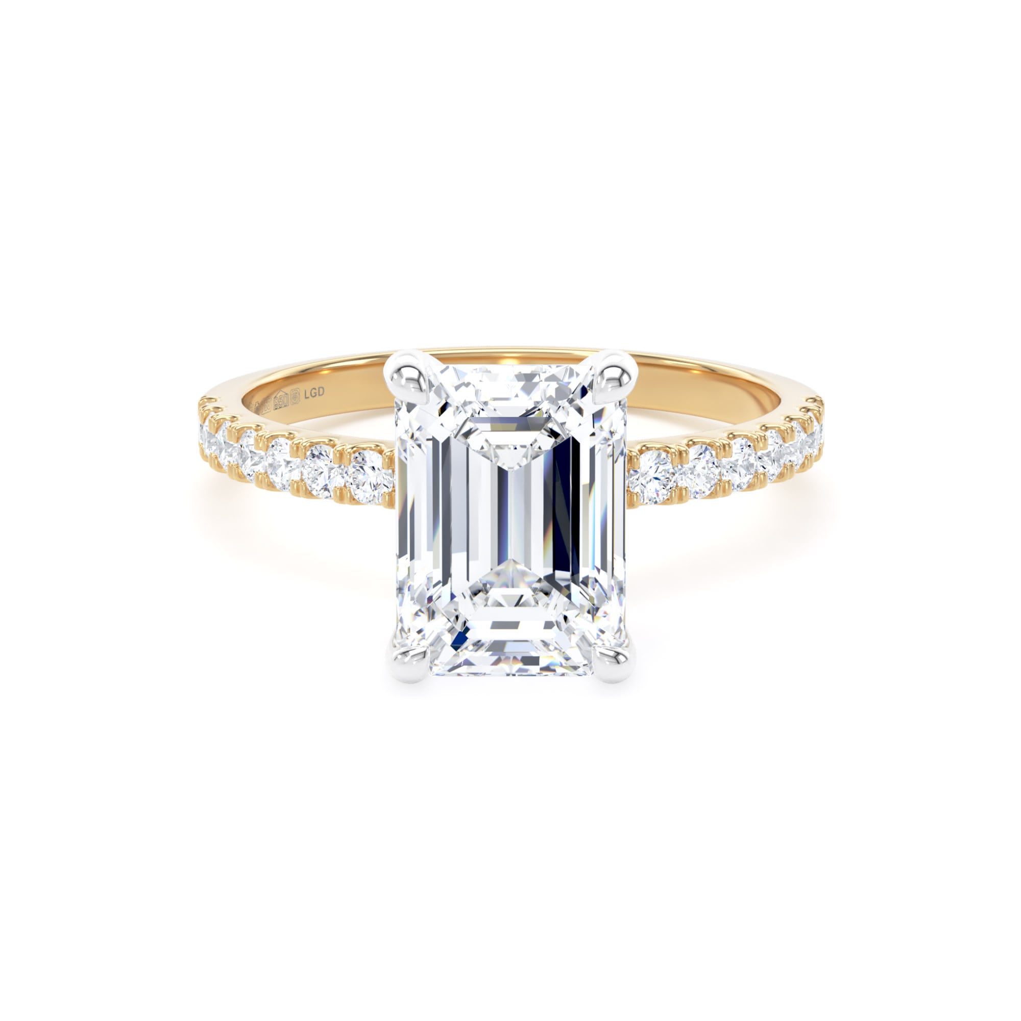 18ct Yellow Gold and Platinum 2.70cttw Emerald Cut Lab Grown Diamond Set Shoulder Solitaire Engagement Ring