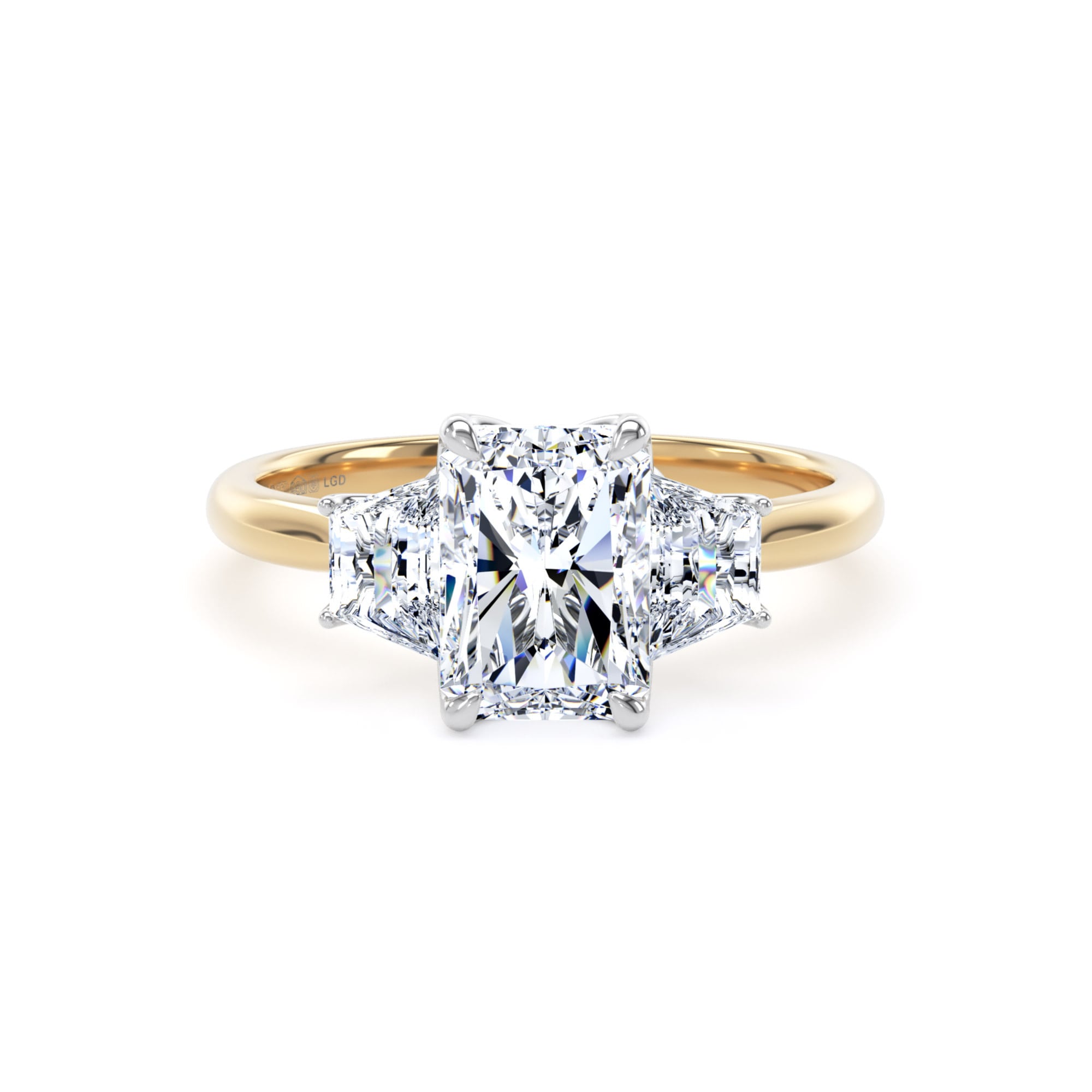 18ct Yellow Gold and Platinum 2.20cttw Radiant and Trapezoid Cut Lab Grown Diamond 3 Stone Engagement Ring