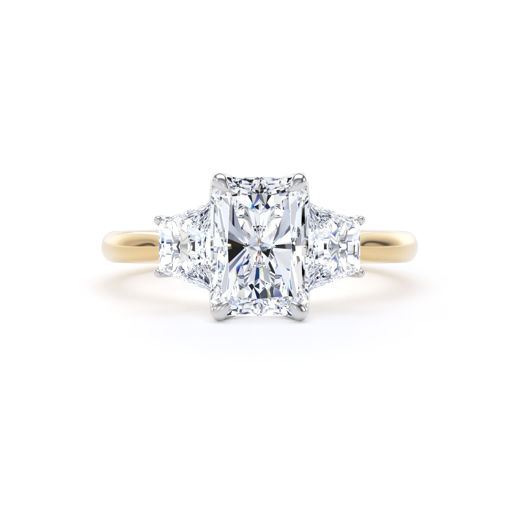 Goldsmiths 18ct Yellow Gold and Platinum 2.20cttw Radiant and Trapezoid Cut Lab Grown Diamond 3 Stone Engagement Ring - Ring Size F.5 Goldsmiths 18ct Yellow Gold and Platinum 2.20cttw Radiant and Trapezoid Cut Lab Grown Diamond 3 Stone Engagement Ring - Ring Size F.5