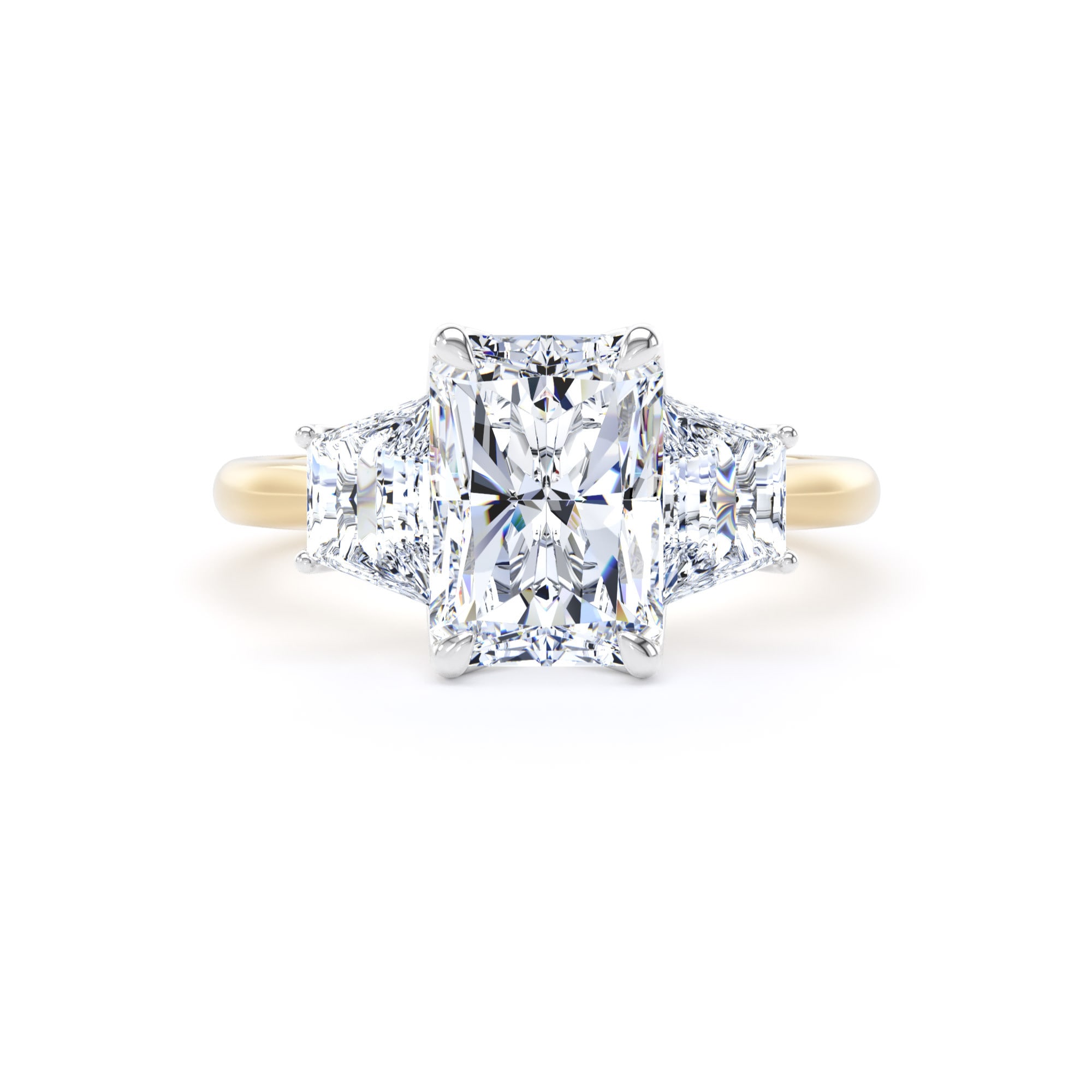 Goldsmiths 18ct Yellow Gold and Platinum 3.00cttw Radiant and Trapezoid Cut Lab Grown Diamond 3 Stone Engagement Ring - Ring Size O.5 Goldsmiths 18ct Yellow Gold and Platinum 3.00cttw Radiant and Trapezoid Cut Lab Grown Diamond 3 Stone Engagement Ring - Ring Size O.5