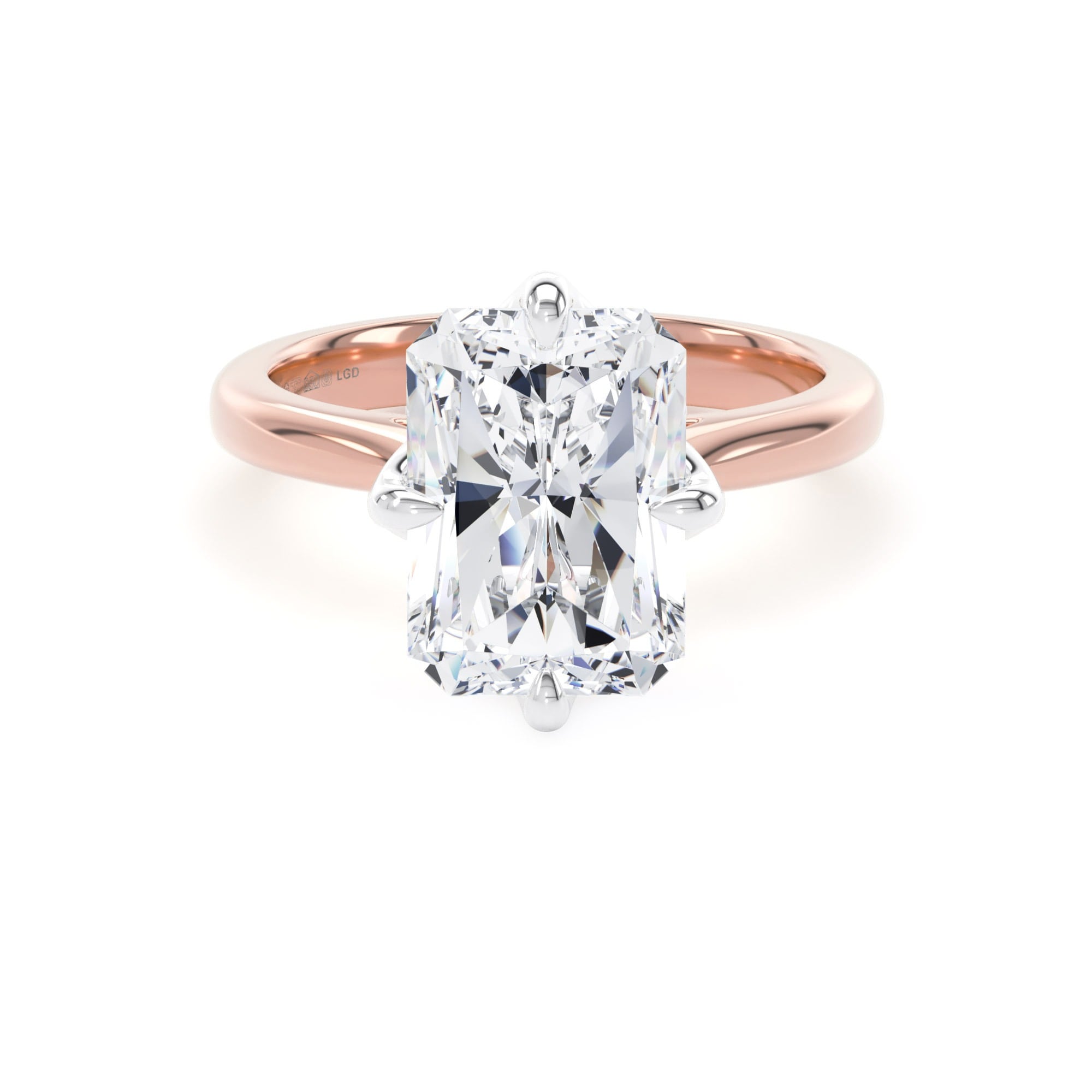 18ct Rose Gold and Platinum Compass Set 5.00cttw Radiant Cut Lab Grown Diamond Solitaire Engagement Ring
