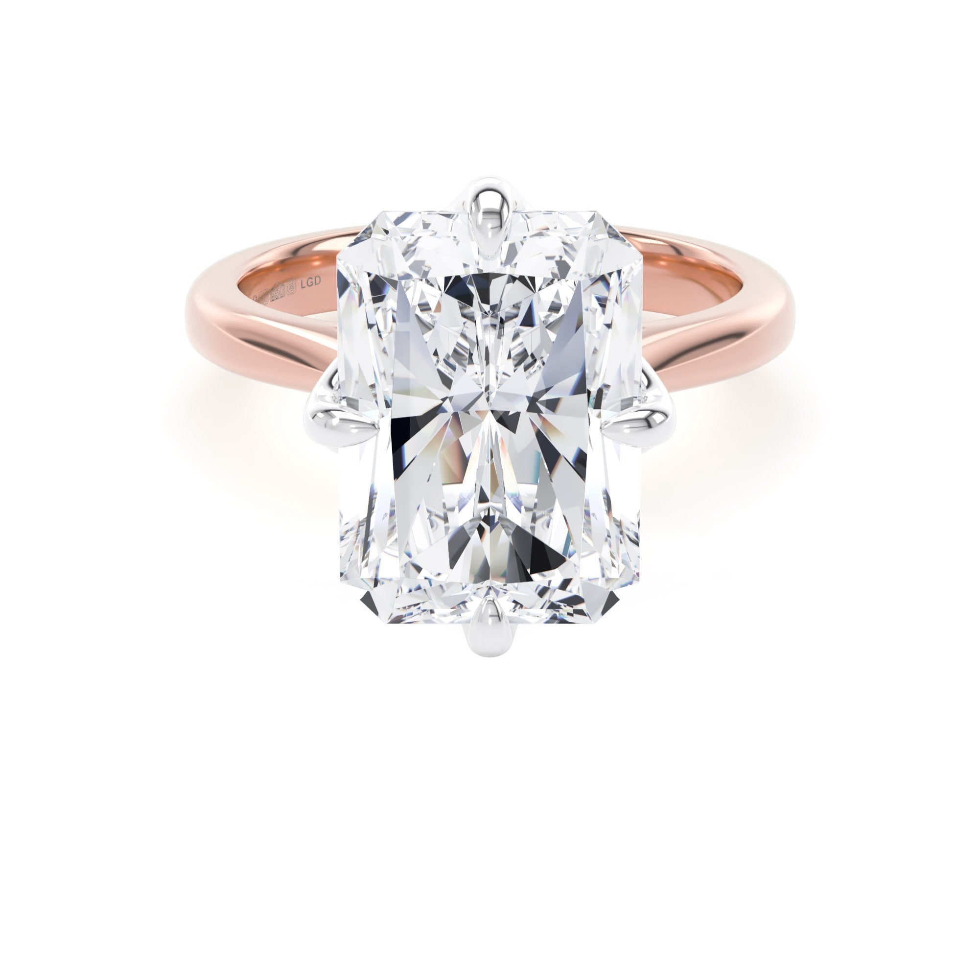 18ct Rose Gold and Platinum Compass Set 7.00cttw Radiant Cut Lab Grown Diamond Solitaire Engagement Ring