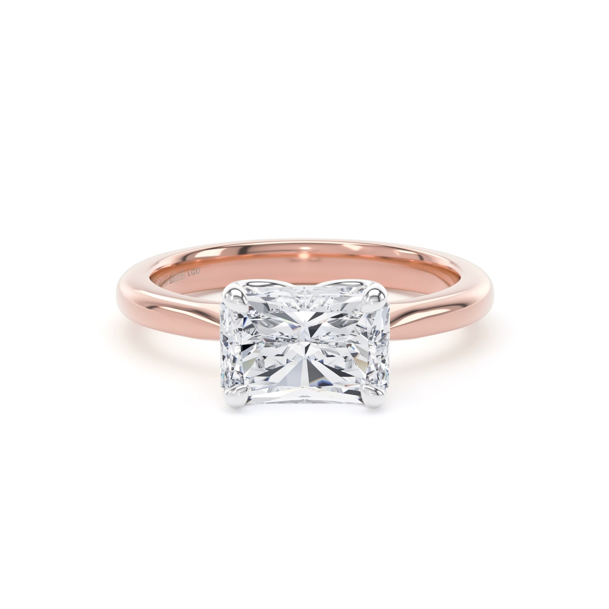 18ct Rose Gold and Platinum East-West 2.00cttw Radiant Cut Lab Grown Diamond Solitaire Engagement Ring