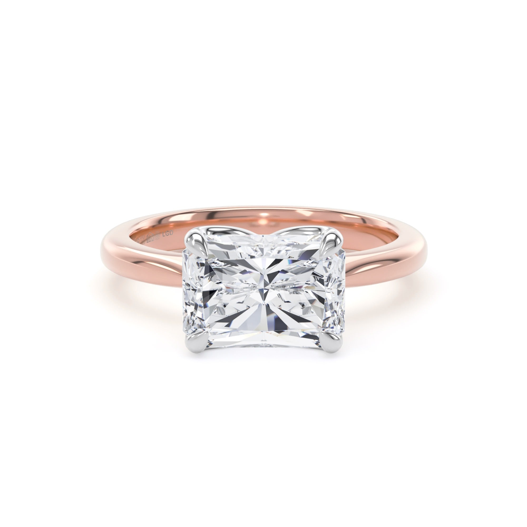 18ct Rose Gold and Platinum East-West 3.00cttw Radiant Cut Lab Grown Diamond Solitaire Engagement Ring