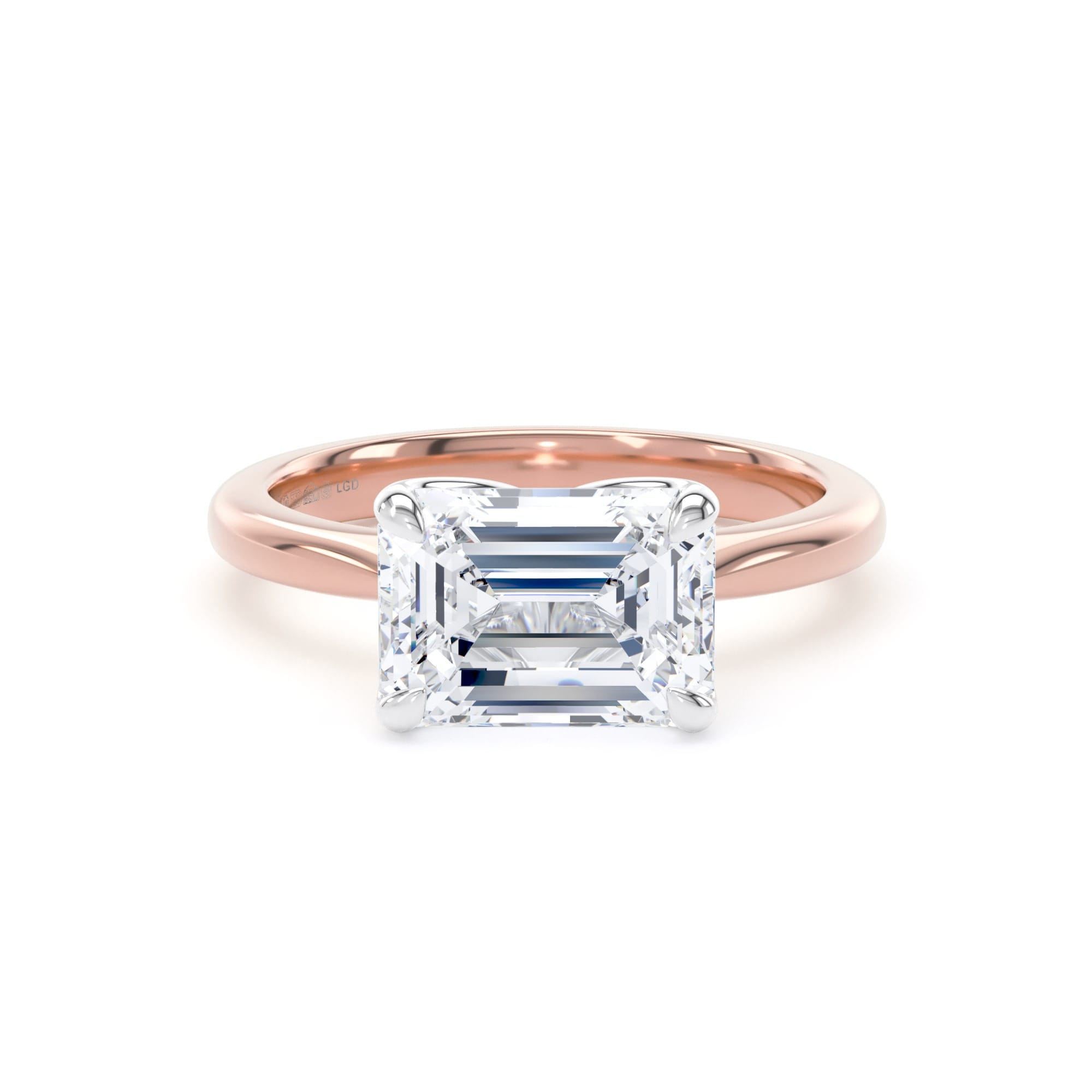 18ct Rose Gold and Platinum East-West 3.00cttw Emerald Cut Lab Grown Diamond Solitaire Engagement Ring