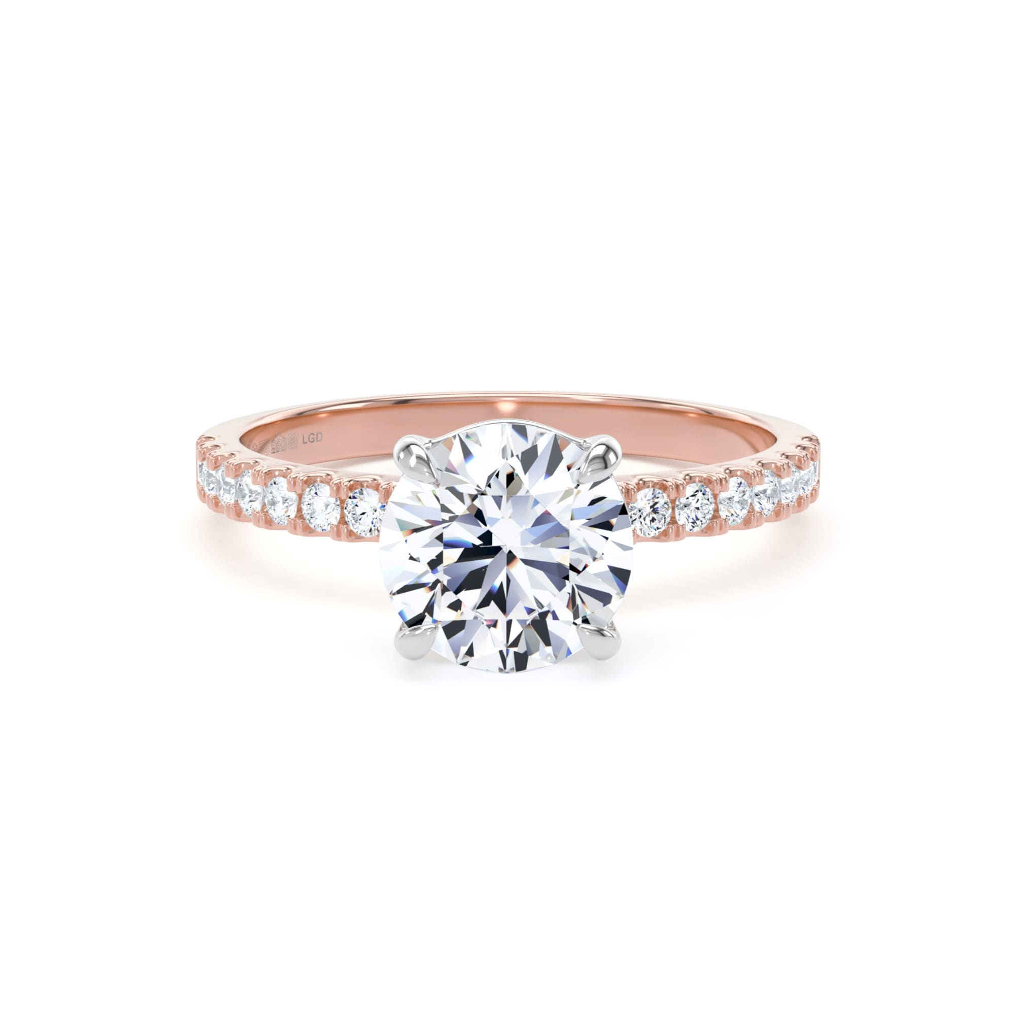 18ct Rose Gold and Platinum Round 1.70cttw Lab Grown Diamond Set Shoulder Solitaire Engagement Ring