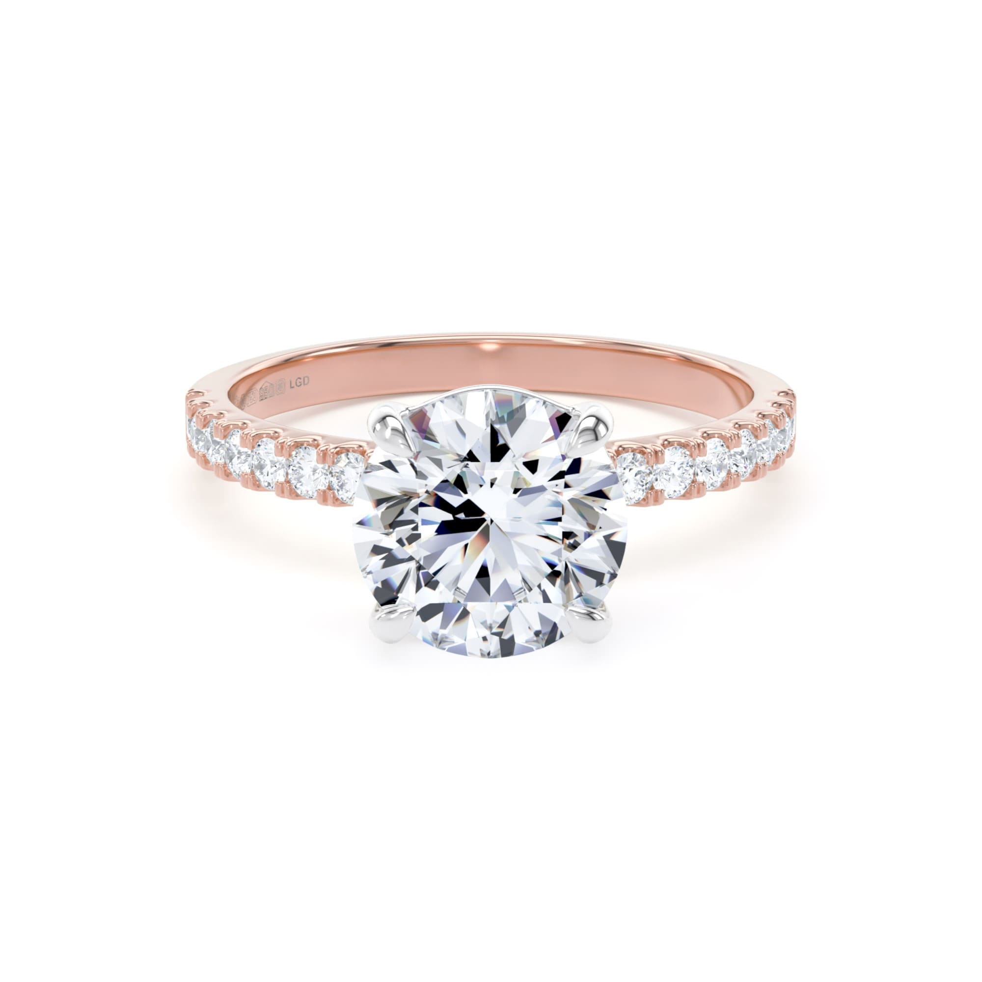 18ct Rose Gold and Platinum 2.20cttw Round Lab Grown Diamond Set Shoulder Solitaire Engagement Ring