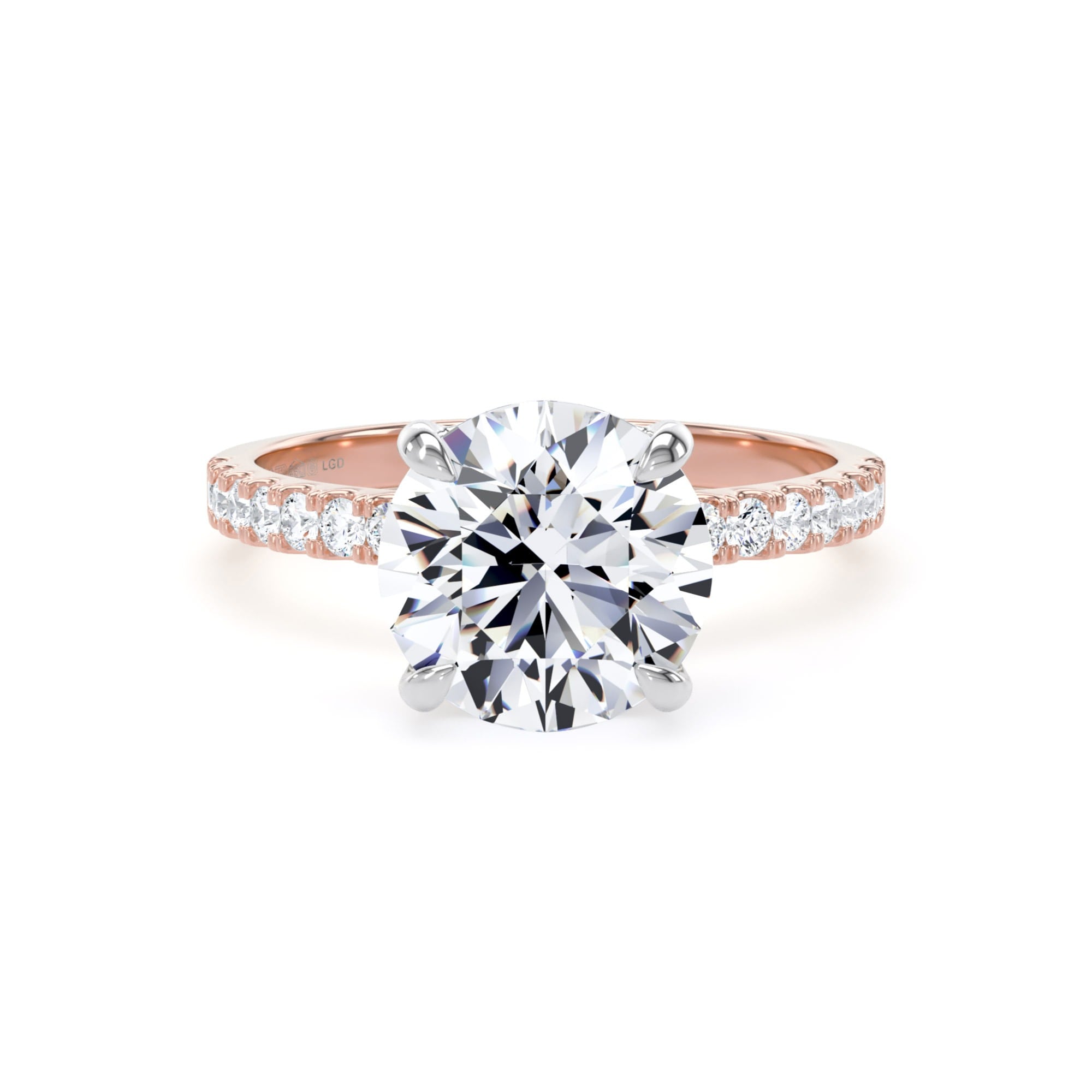 18ct Rose Gold and Platinum 2.70cttw Round Lab Grown Diamond Set Shoulder Solitaire Engagement Ring