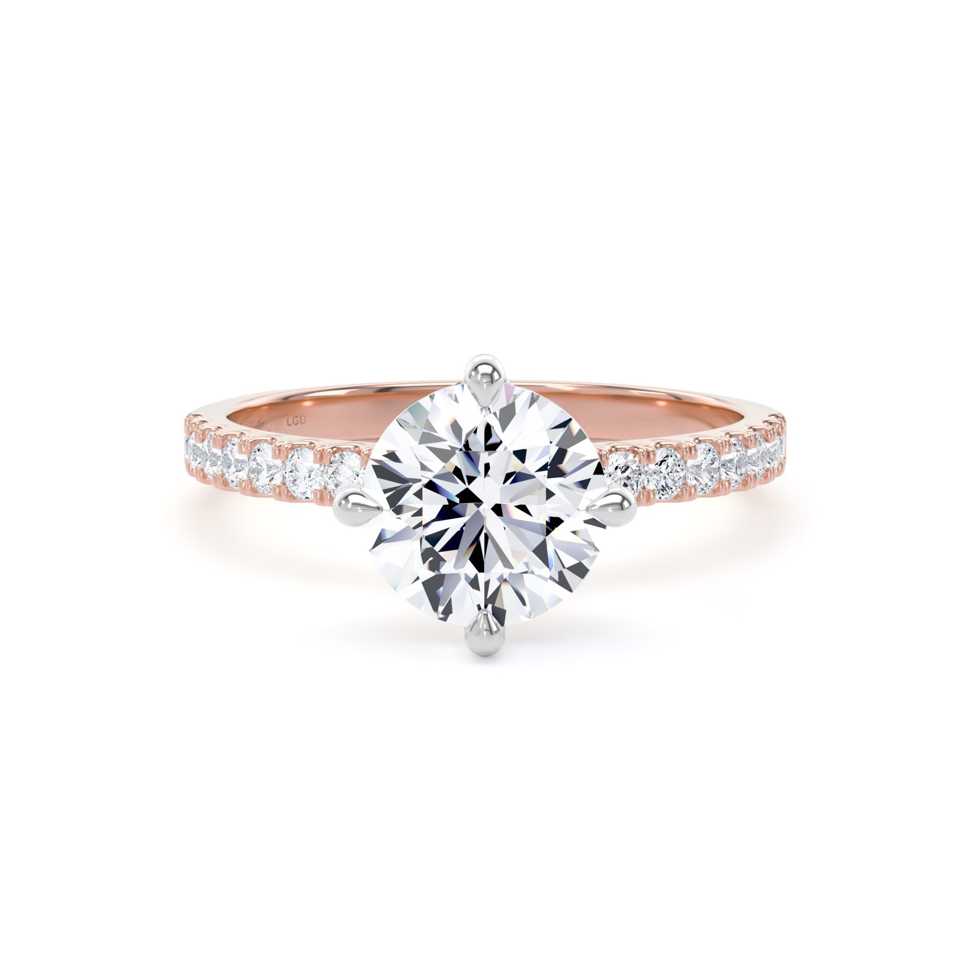 18ct Rose Gold and Platinum Compass Set 1.70cttw Round Lab Grown Diamond Set Shoulder Solitaire Engagement Ring
