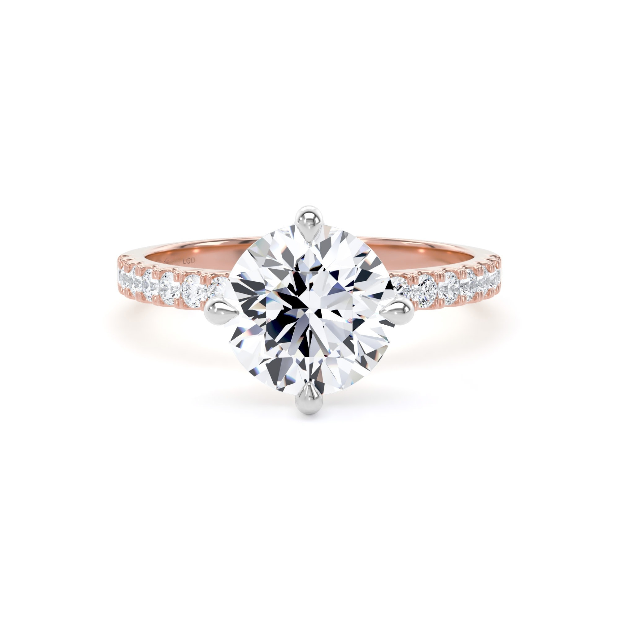 18ct Rose Gold and Platinum Compass Set 2.20cttw Round Lab Grown Diamond Set Shoulder Solitaire Engagement Ring