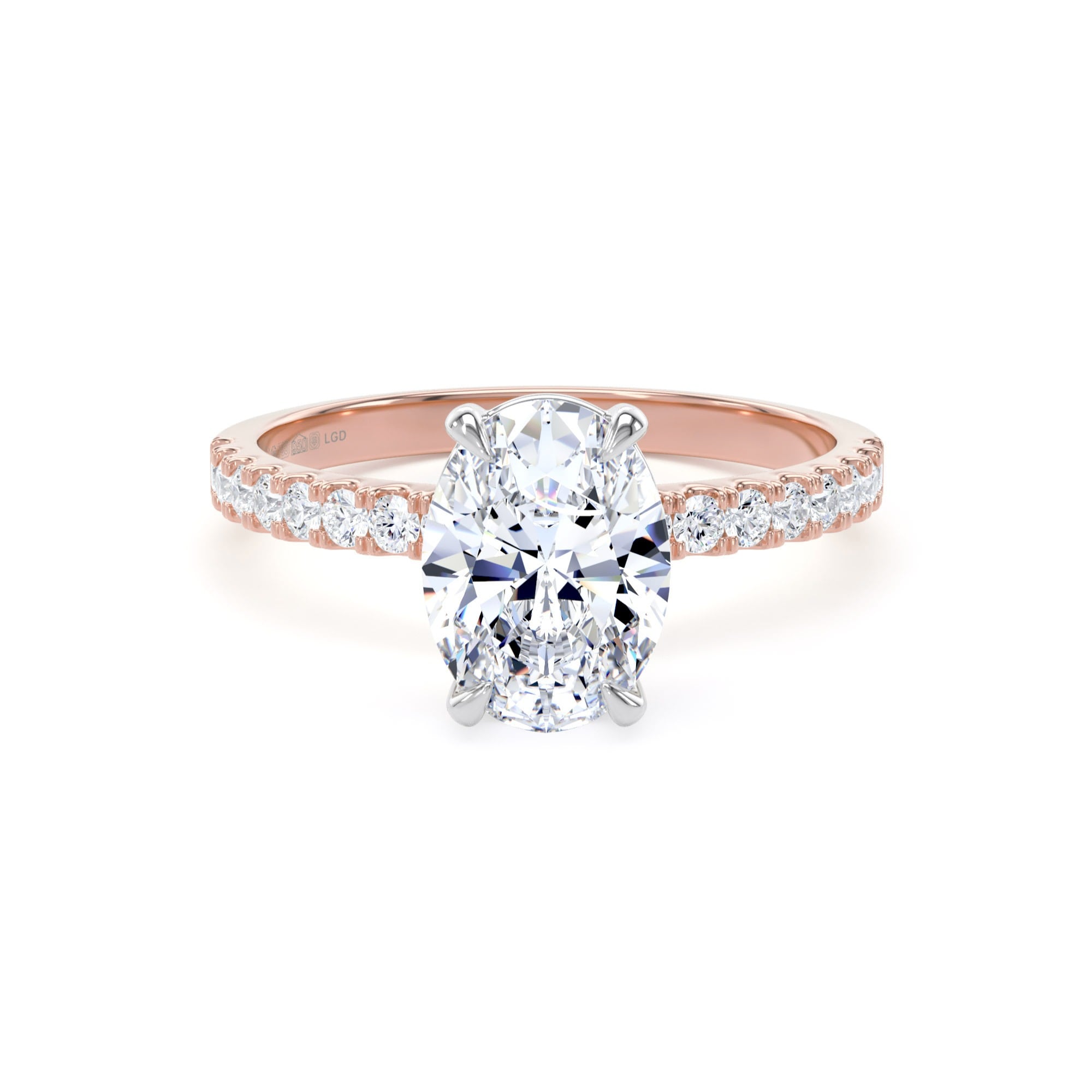 18ct Rose Gold and Platinum 1.70cttw Oval Lab Grown Diamond Set Shoulder Solitaire Engagement Ring