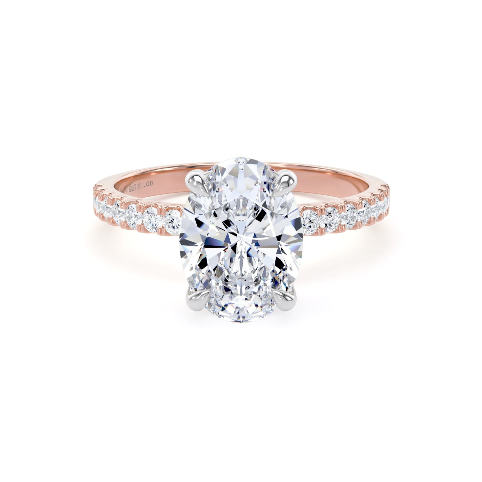 18ct Rose Gold and Platinum 2.20cttw Oval Lab Grown Diamond Set Shoulder Solitaire Engagement Ring