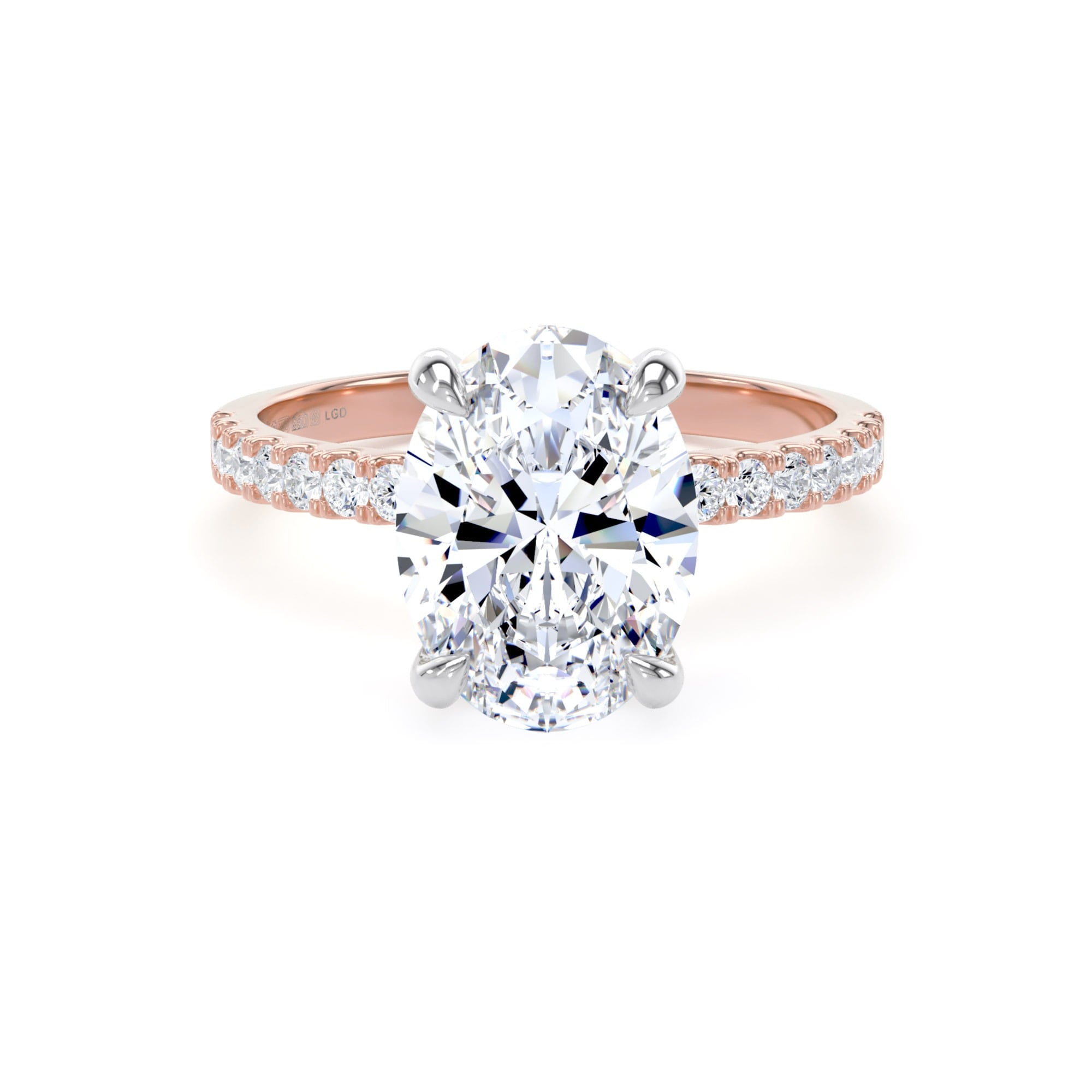 18ct Rose Gold and Platinum 2.70cttw Oval Lab Grown Diamond Set Shoulder Solitaire Engagement Ring