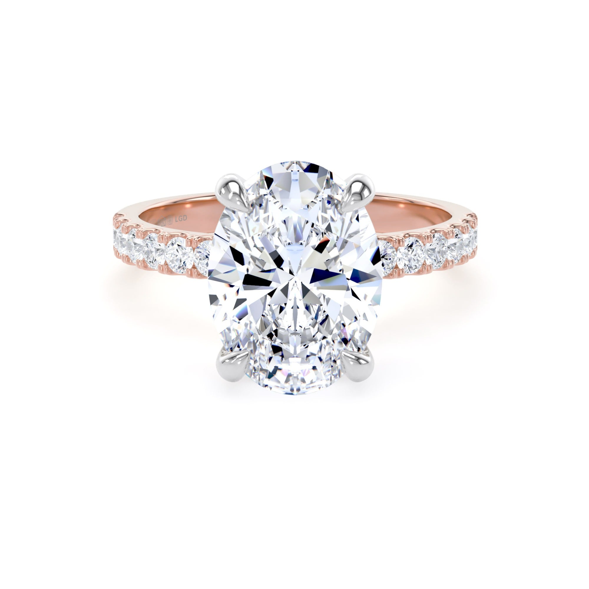 18ct Rose Gold and Platinum 3.25cttw Oval Lab Grown Diamond Set Shoulder Solitaire Engagement Ring
