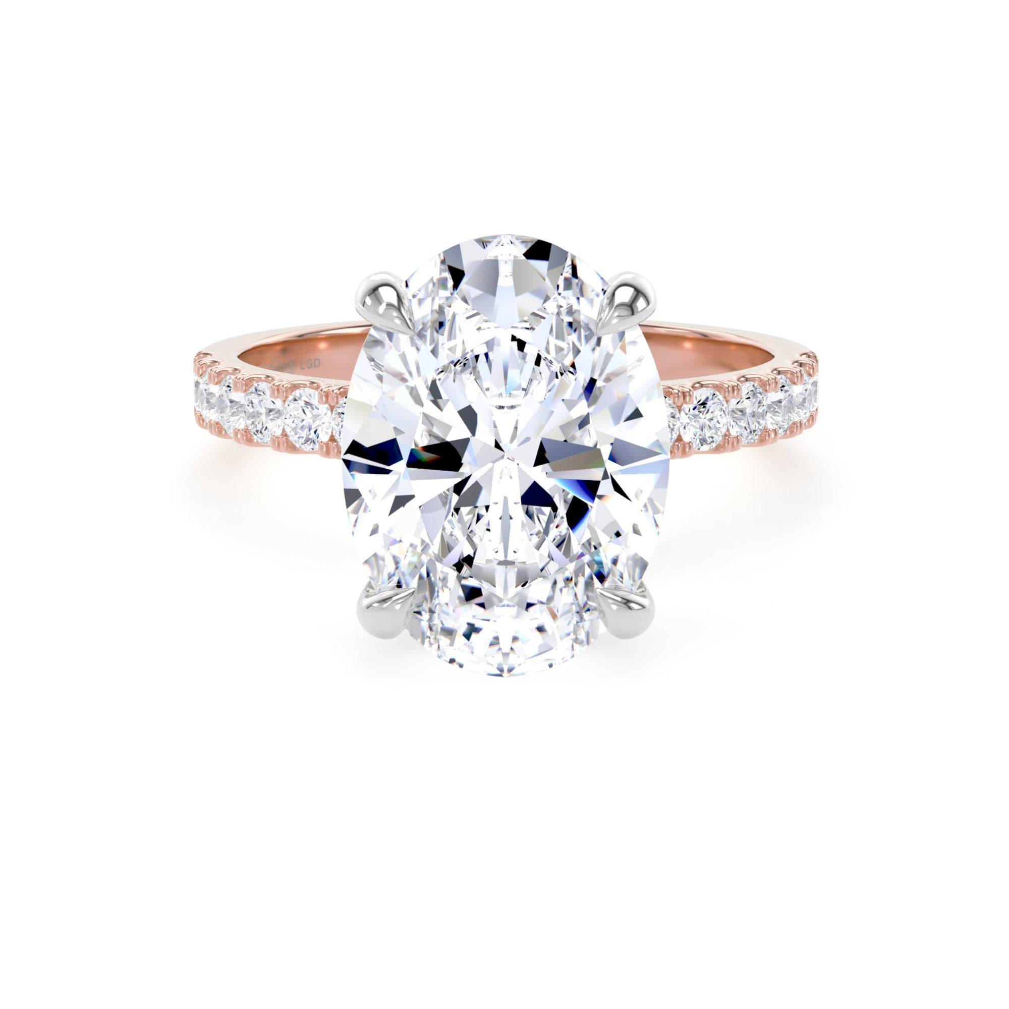 18ct Rose Gold and Platinum 4.25cttw Oval Lab Grown Diamond Set Shoulder Solitaire Engagement Ring