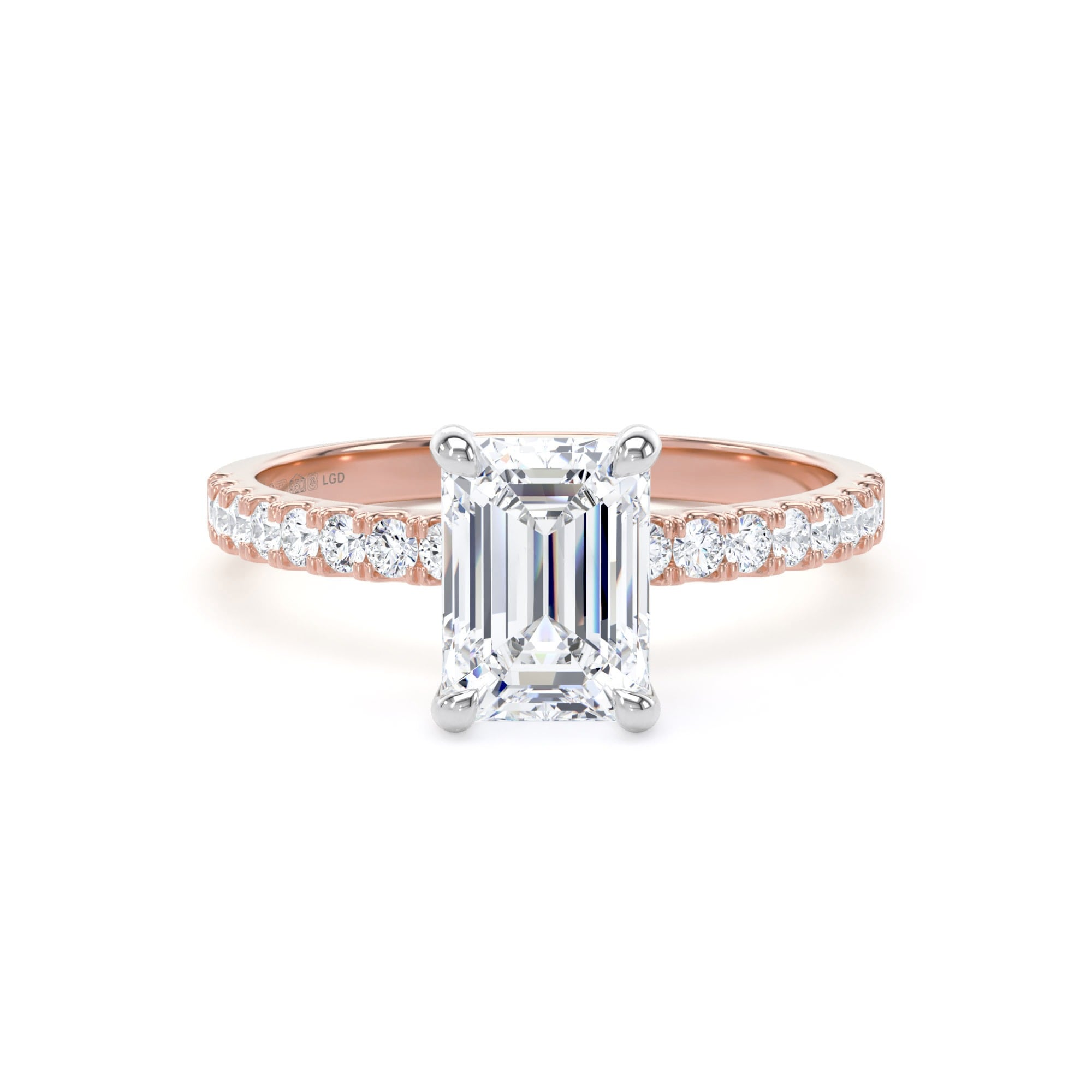 18ct Rose Gold and Platinum 1.70cttw Emerald Cut Lab Grown Diamond Set Shoulder Solitaire Engagement Ring