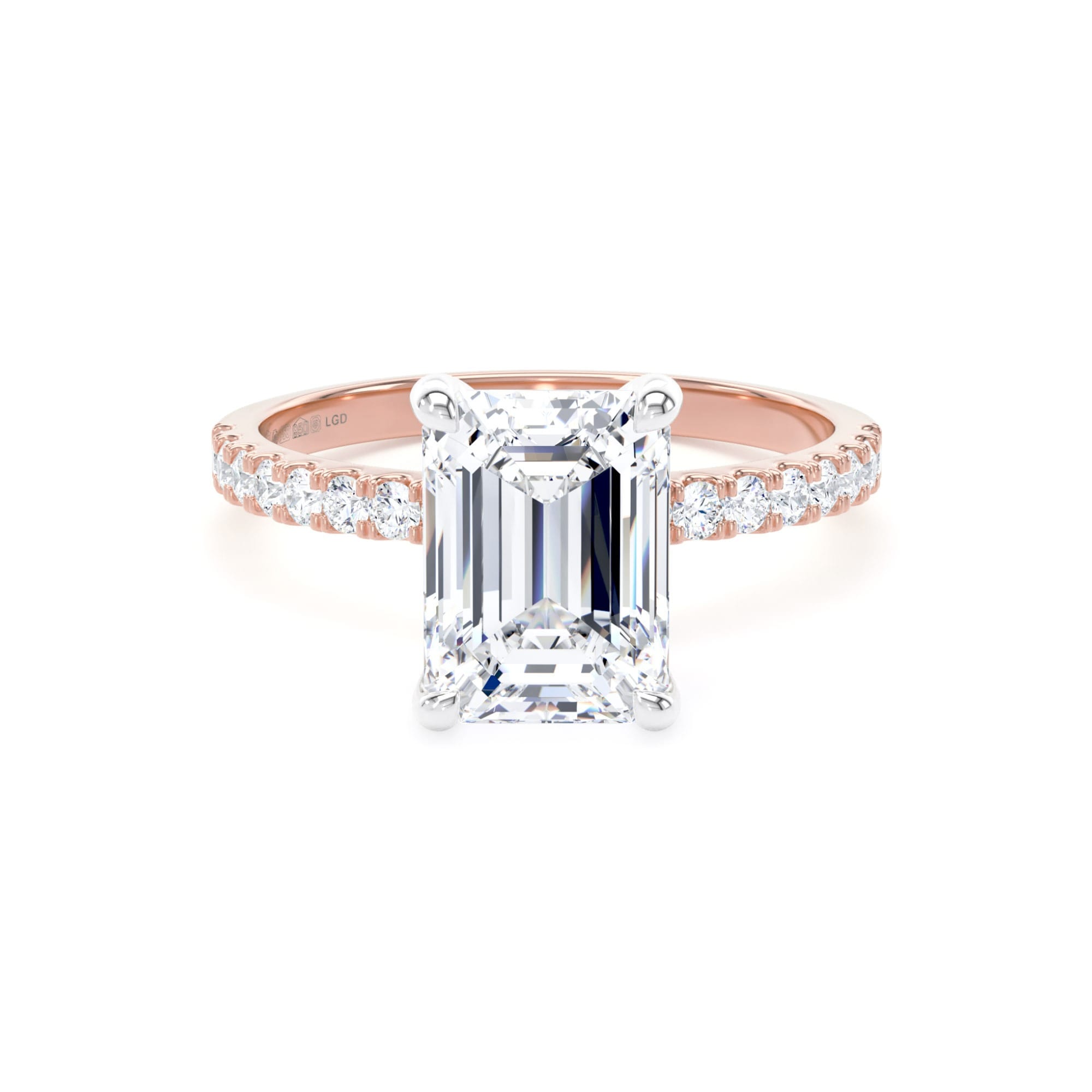 18ct Rose Gold and Platinum 2.70cttw Emerald Cut Lab Grown Diamond Set Shoulder Solitaire Engagement Ring