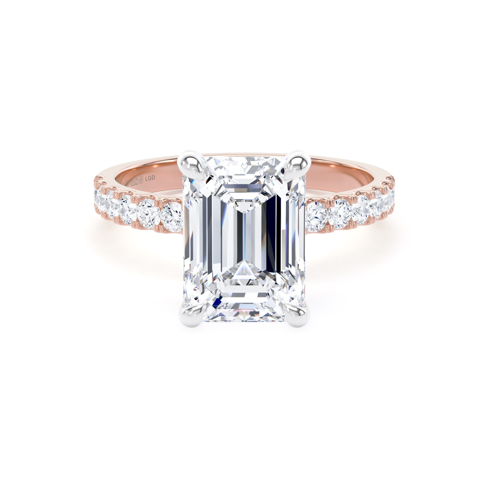 18ct Rose Gold and Platinum 3.25cttw Emerald Cut Lab Grown Diamond Set Shoulder Solitaire Engagement Ring
