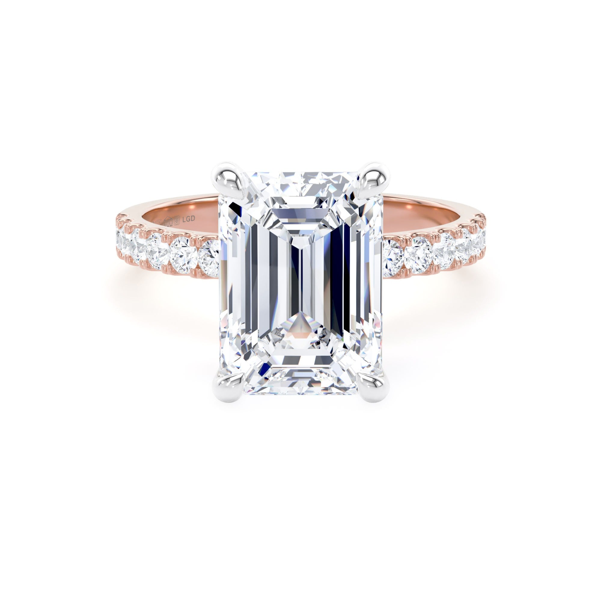 18ct Rose Gold and Platinum 4.25cttw Emerald Cut Lab Grown Diamond Set Shoulder Solitaire Engagement Ring