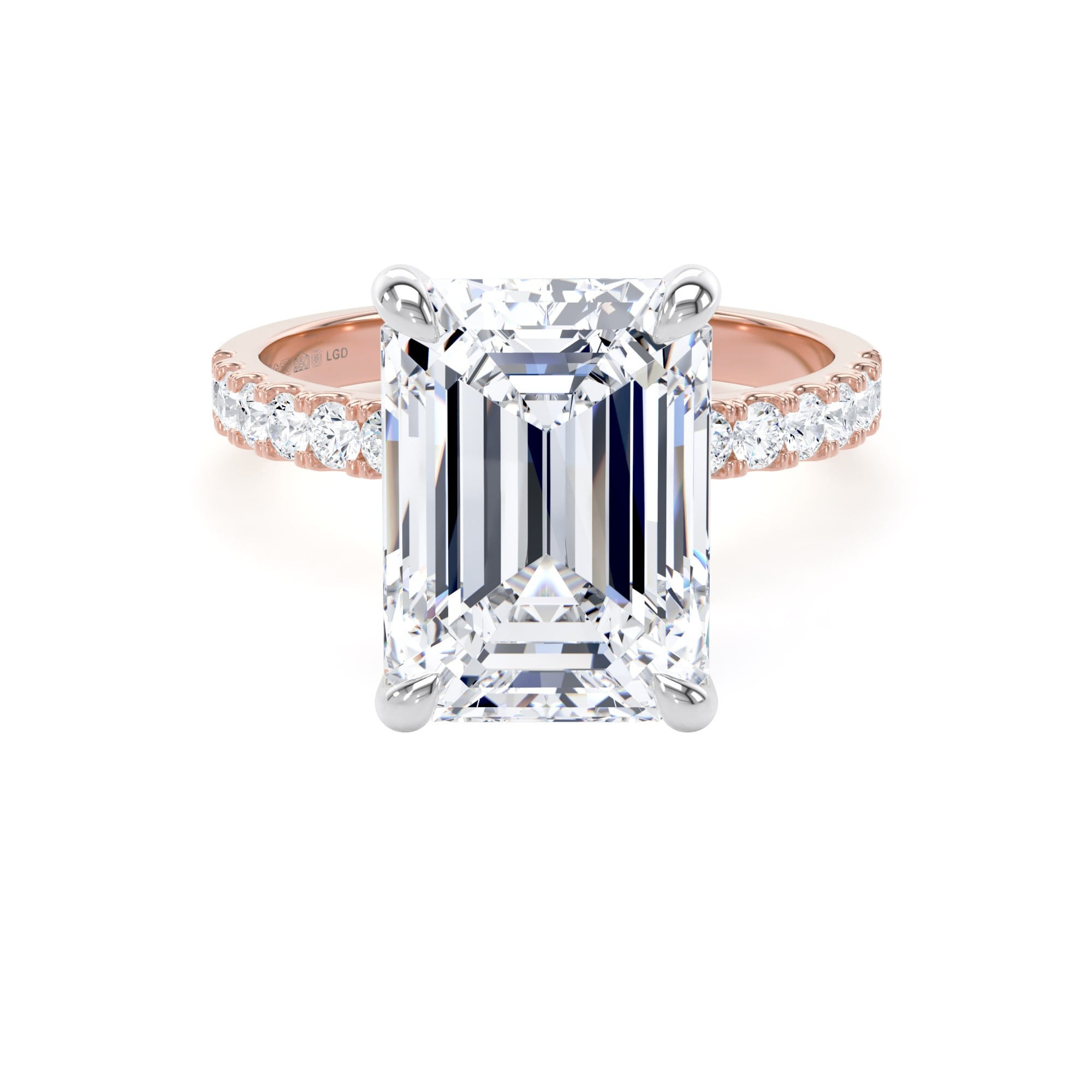 18ct Rose Gold and Platinum 5.25cttw Emerald Cut Lab Grown Diamond Set Shoulder Solitaire Engagement Ring