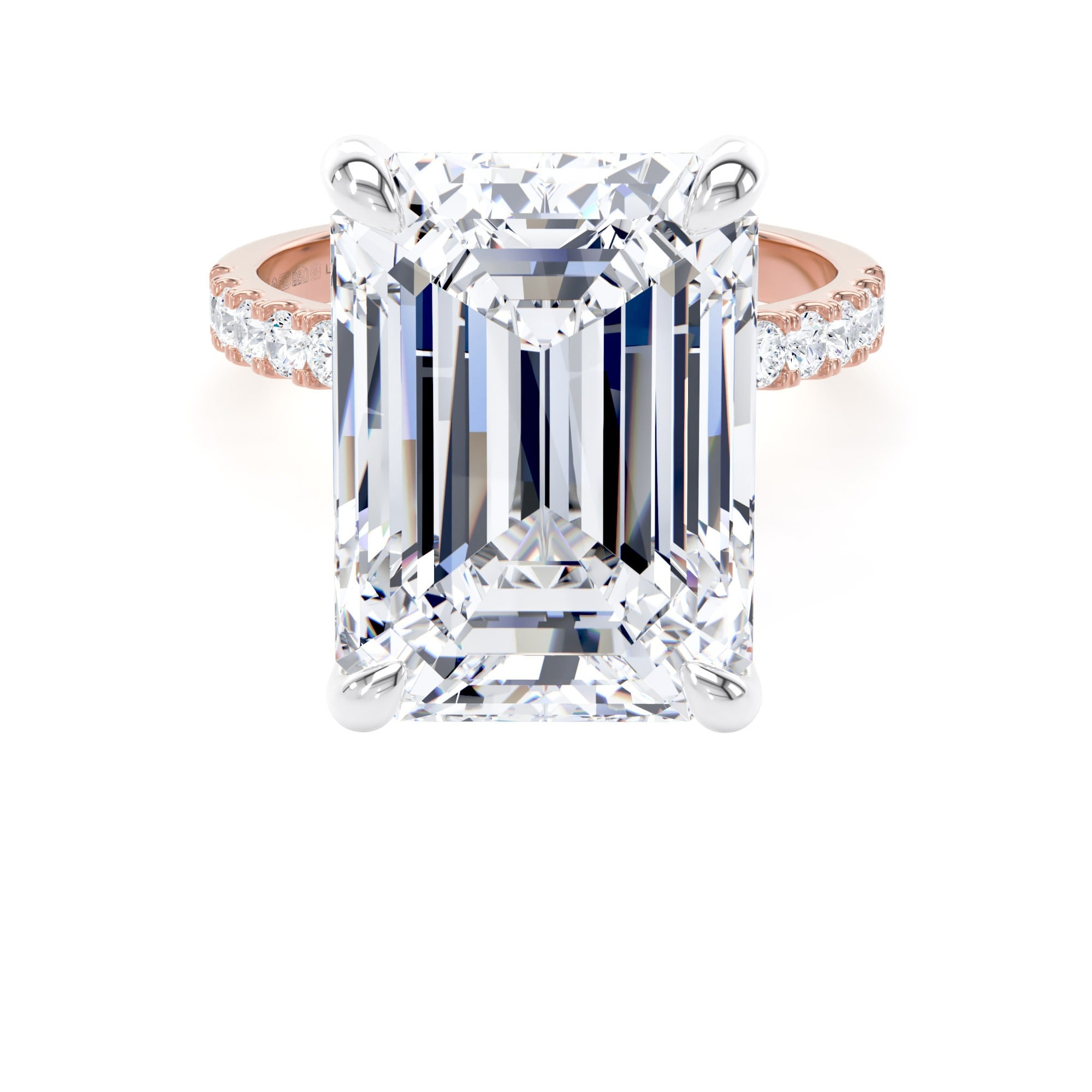 18ct Rose Gold and Platinum 10.25cttw Emerald Cut Lab Grown Diamond Set Shoulder Solitaire Engagement Ring