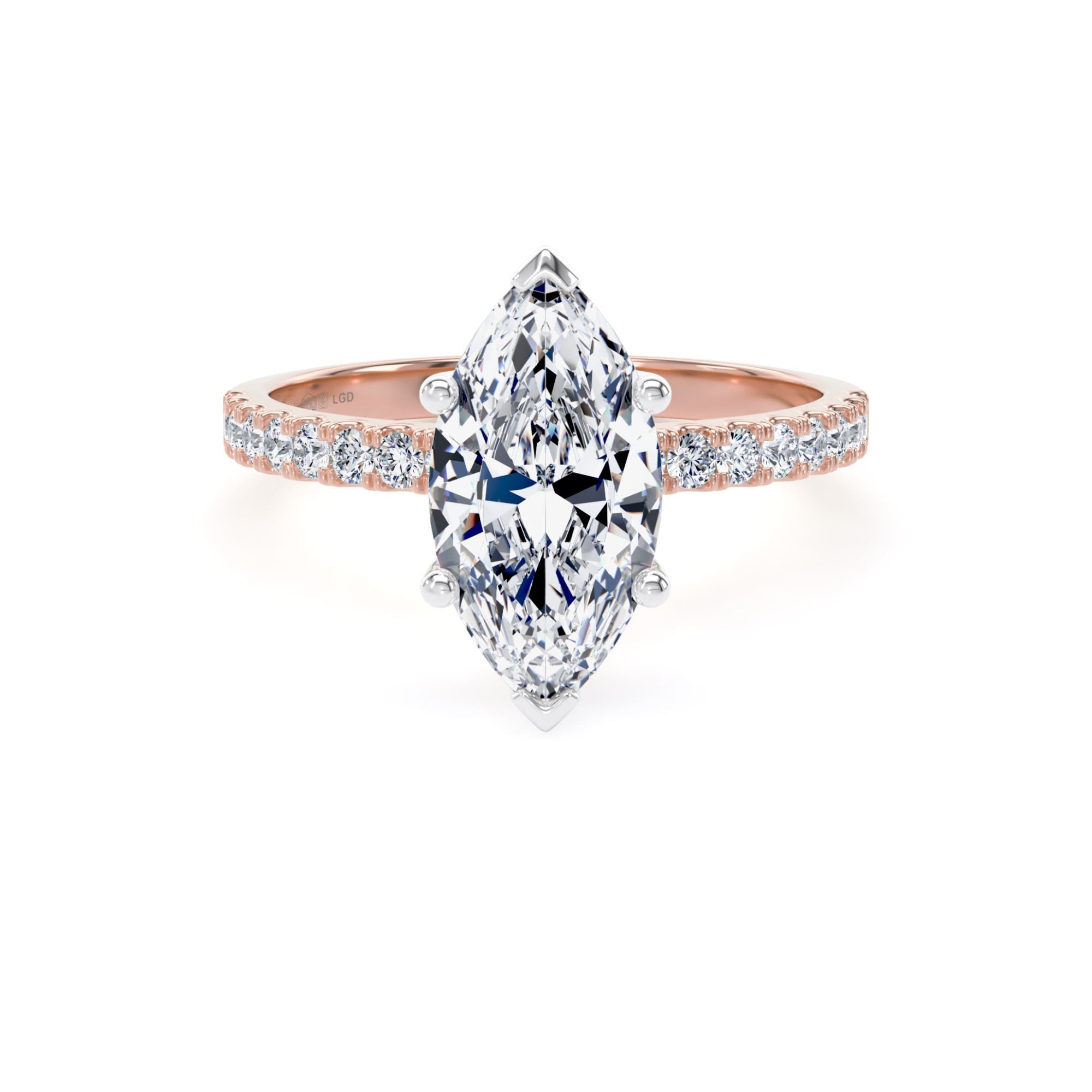 18ct Rose Gold and Platinum 2.20cttw Marquise Cut Lab Grown Diamond Set Shoulder Solitaire Engagement Ring