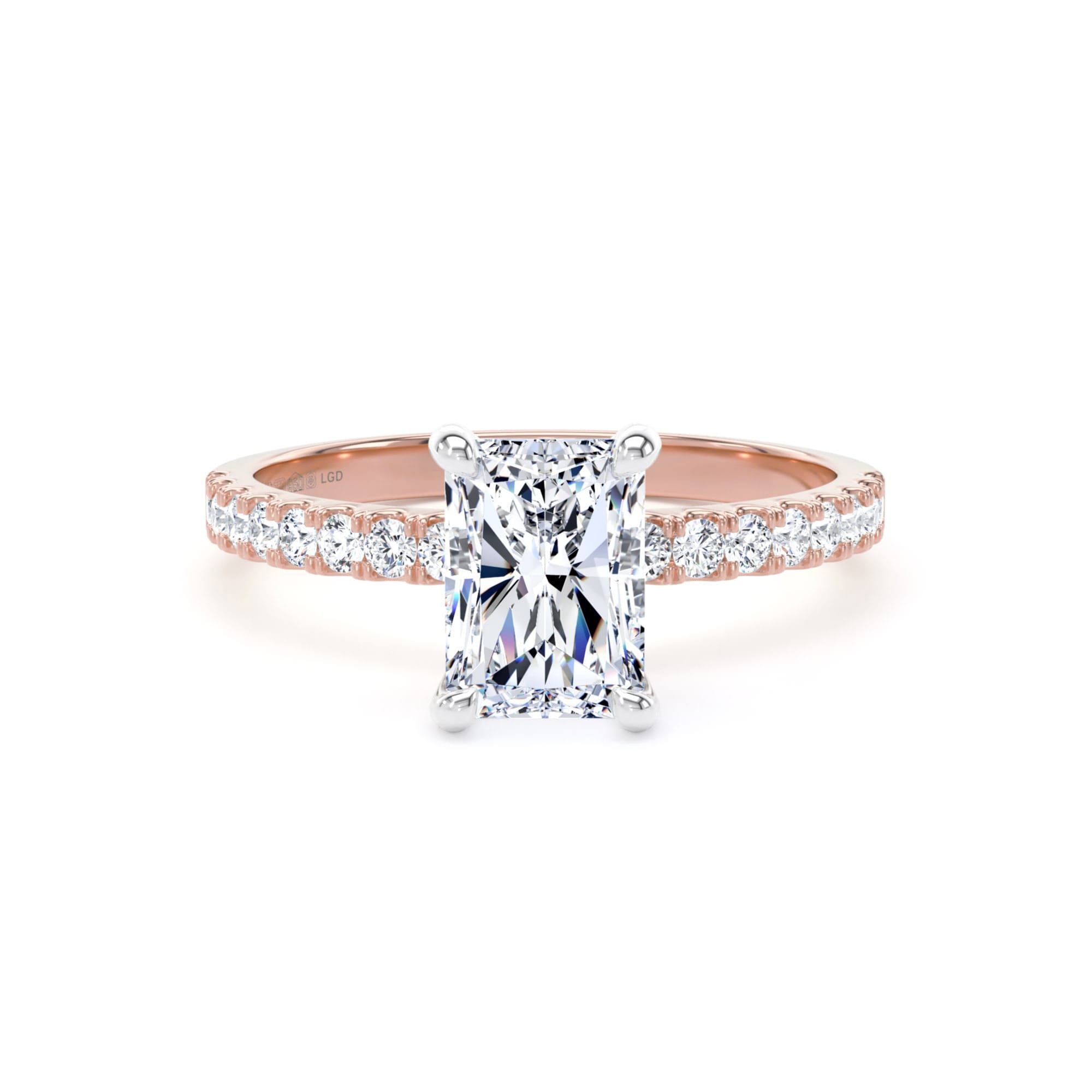 18ct Rose Gold and Platinum 1.70cttw Radiant Cut Lab Grown Diamond Set Shoulder Solitaire Engagement Ring