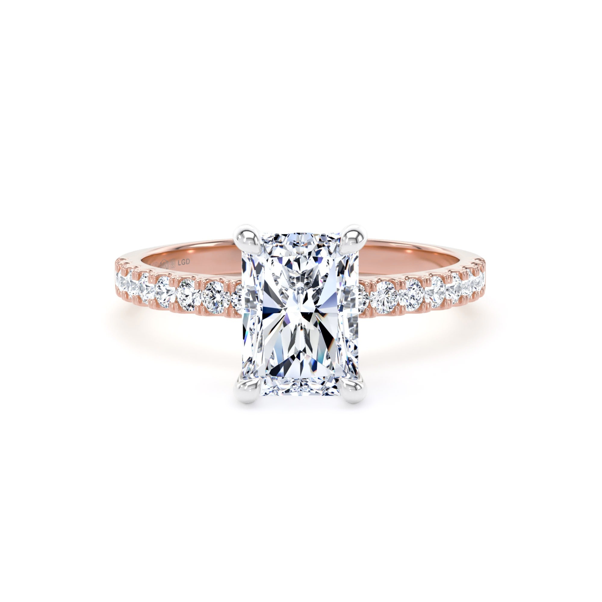 18ct Rose Gold and Platinum 2.20cttw Radiant Cut Lab Grown Diamond Set Shoulder Solitaire Engagement Ring