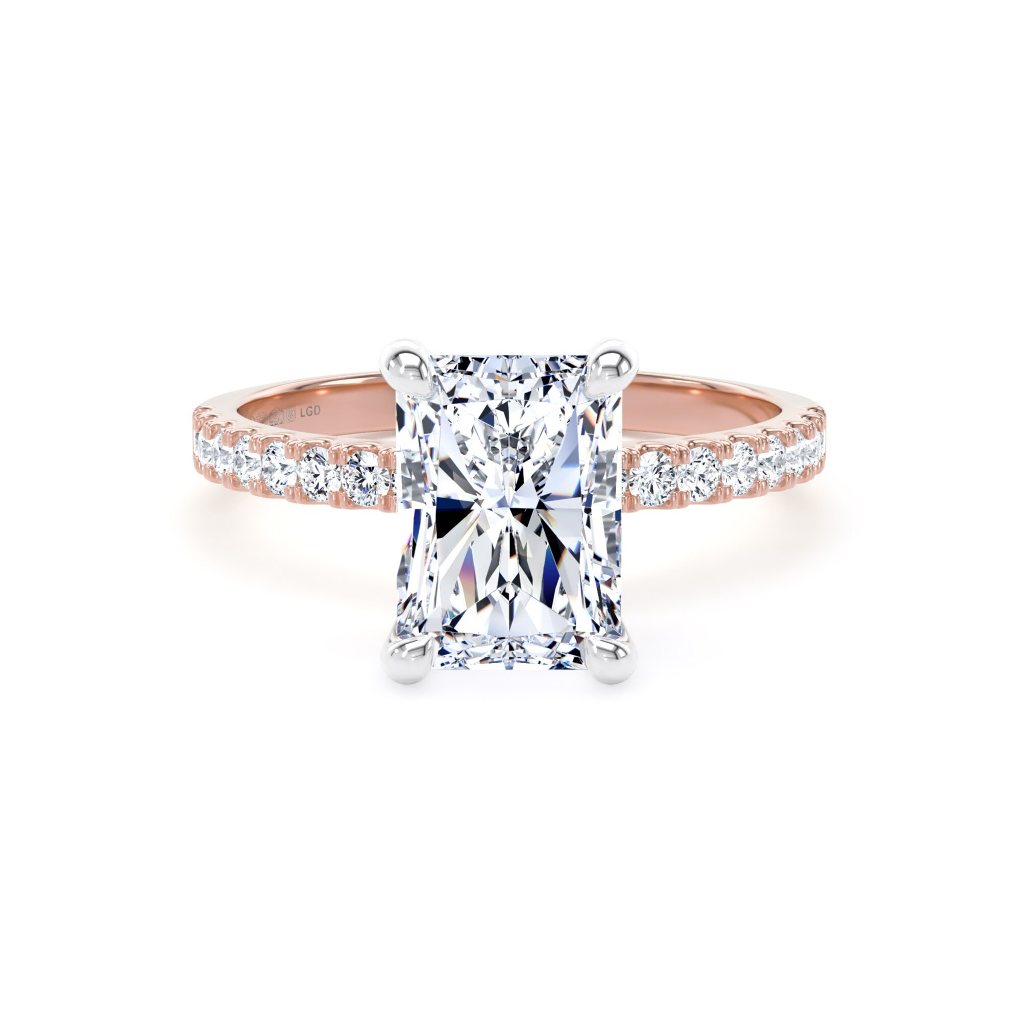 18ct Rose Gold and Platinum 2.70cttw Radiant Cut Lab Grown Diamond Set Shoulder Solitaire Engagement Ring
