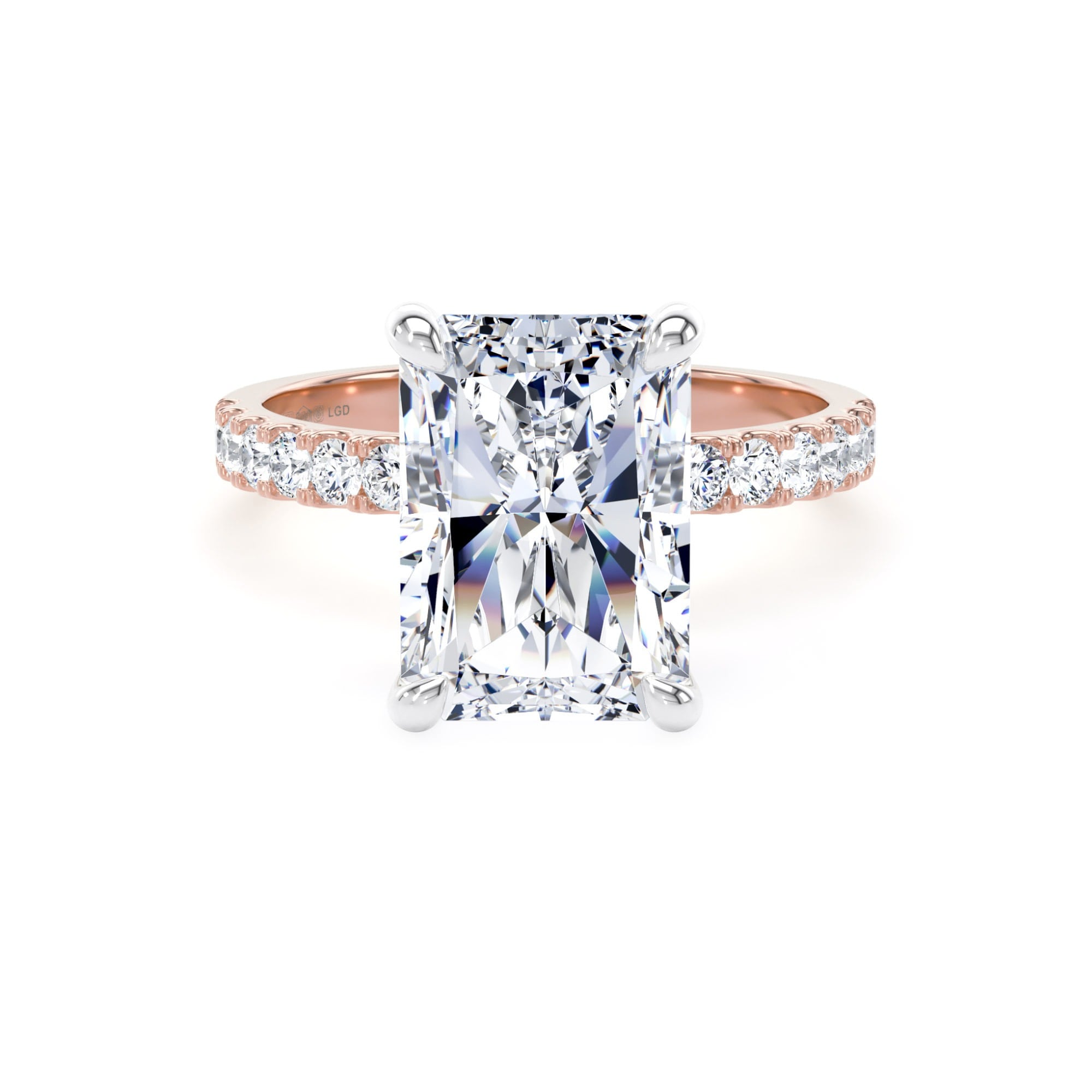 18ct Rose Gold and Platinum 5.25cttw Radiant Cut Lab Grown Diamond Set Shoulder Solitaire Engagement Ring