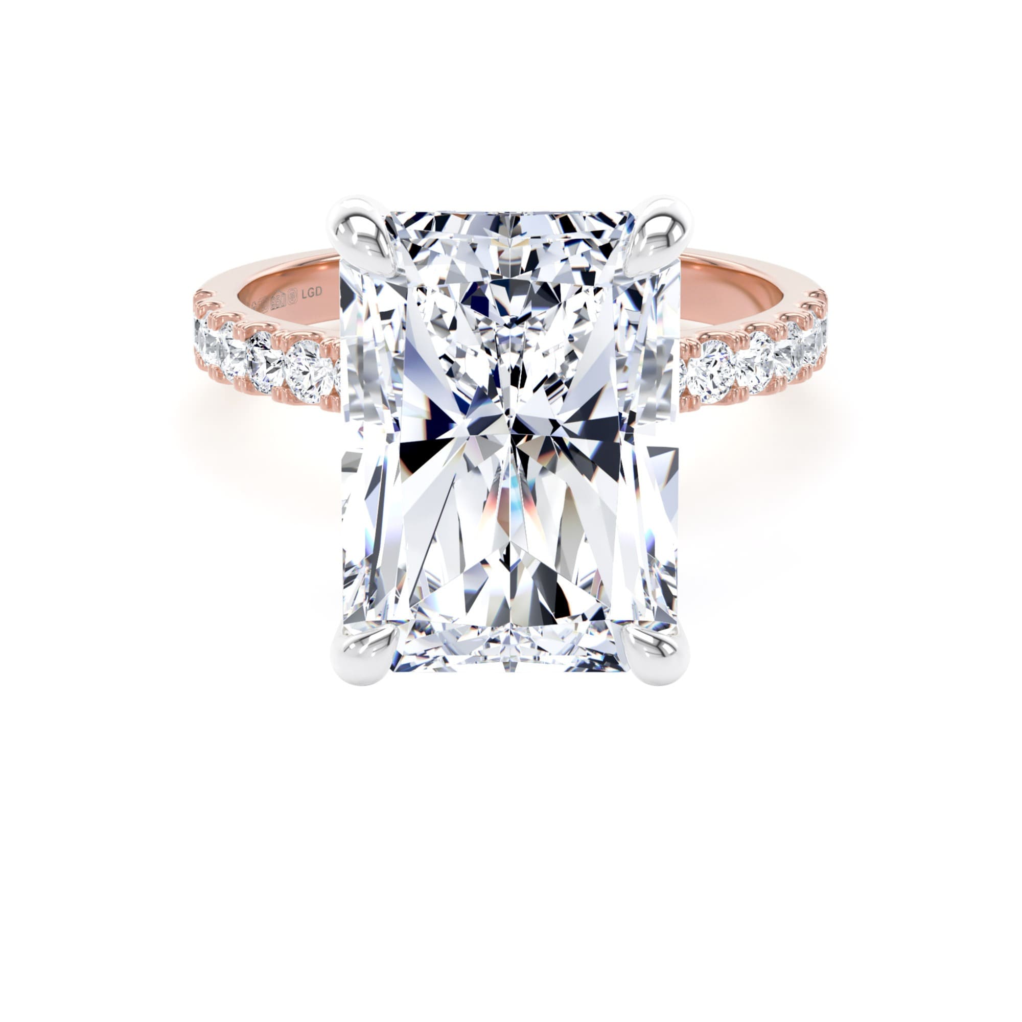 18ct Rose Gold and Platinum 7.25cttw Radiant Cut Lab Grown Diamond Set Shoulder Solitaire Engagement Ring