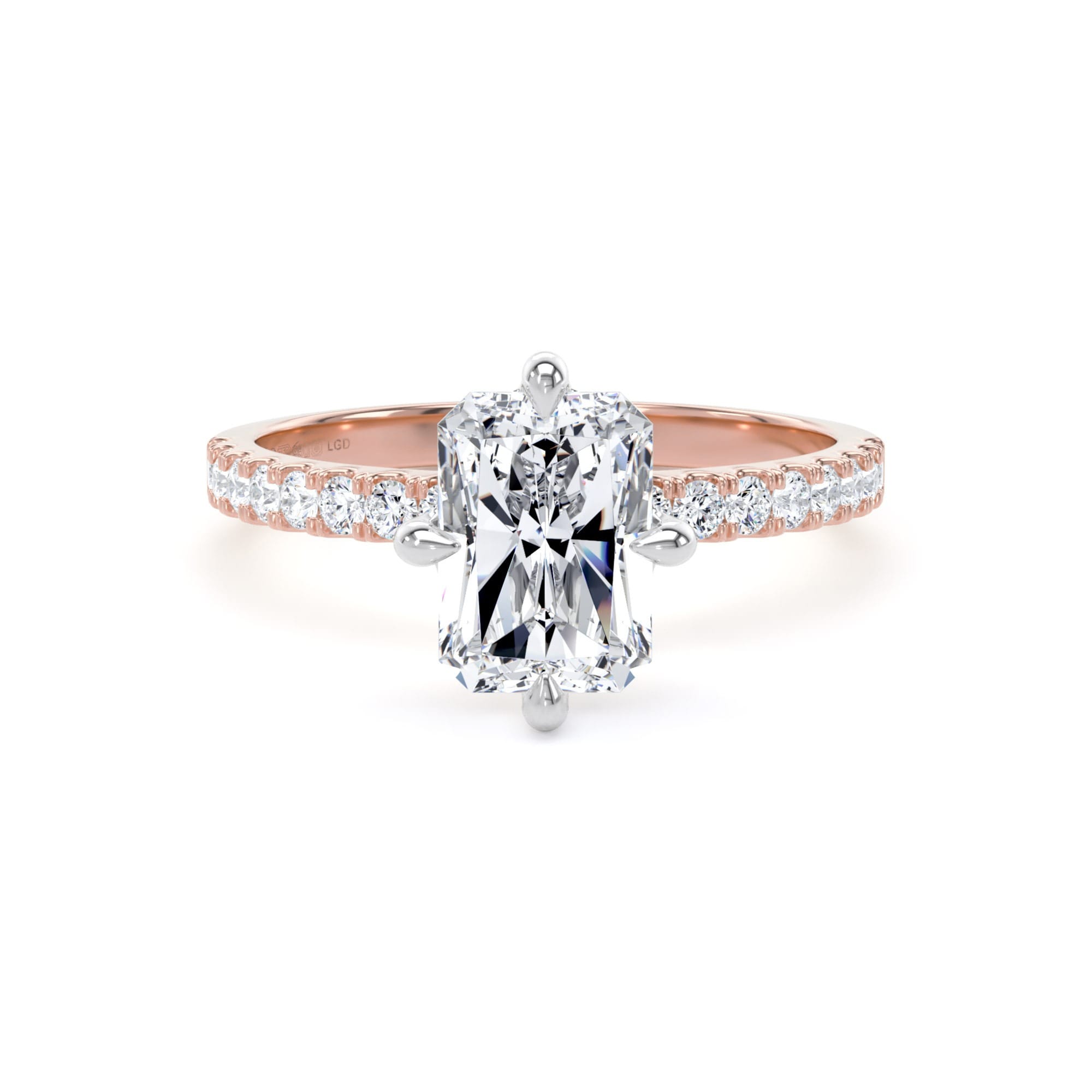 18ct Rose Gold and Platinum Compass Set 2.20cttw Radiant Lab Grown Diamond Set Shoulder Solitaire Engagement Ring