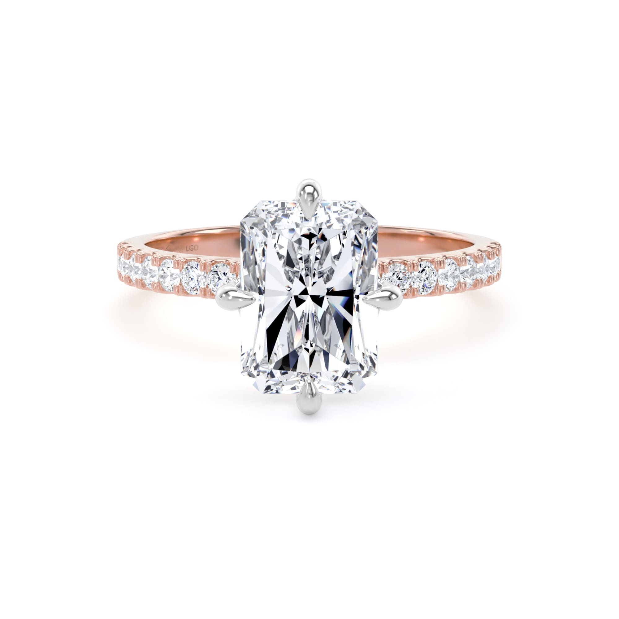 18ct Rose Gold and Platinum Compass Set 2.70cttw Radiant Lab Grown Diamond Set Shoulder Solitaire Engagement Ring