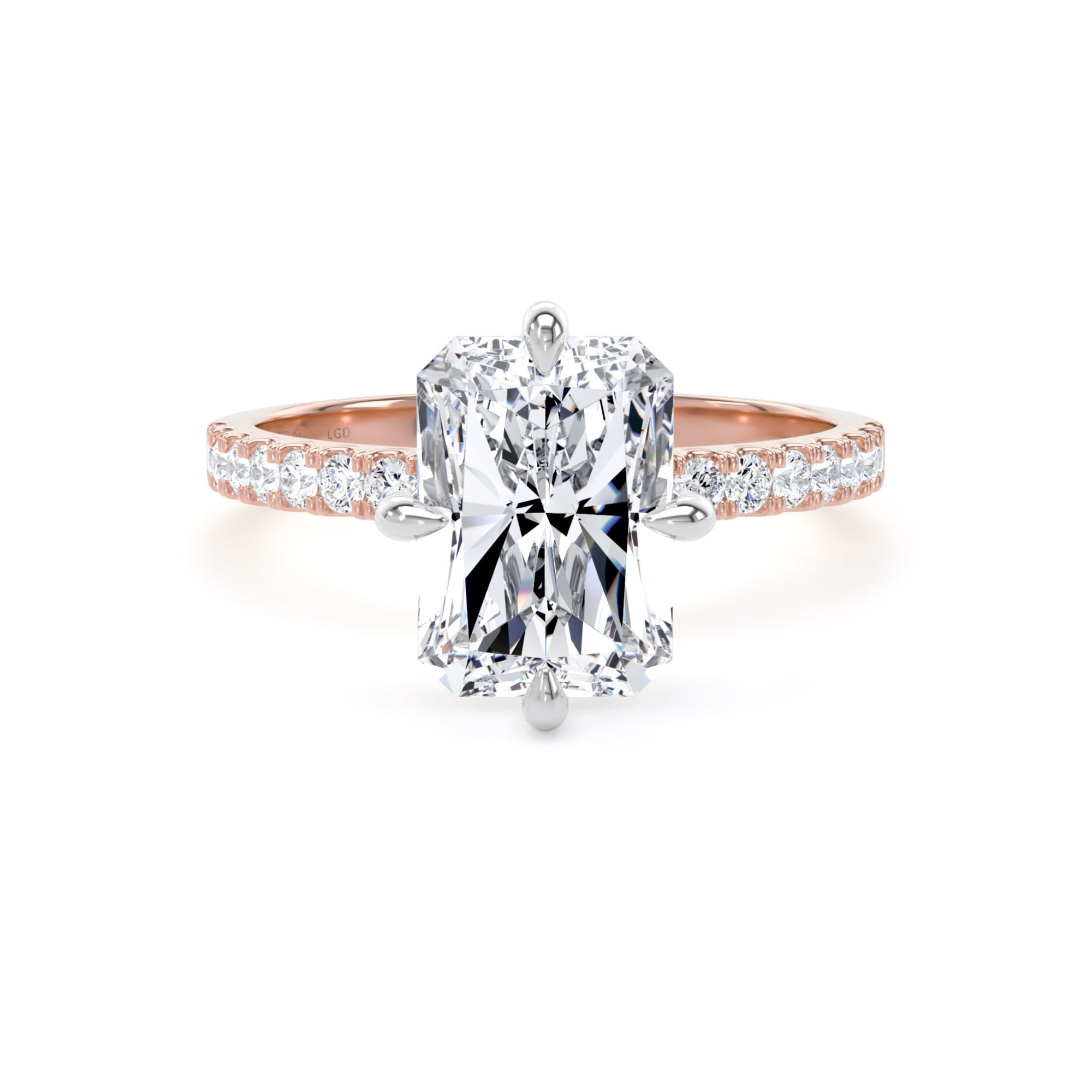 18ct Rose Gold and Platinum Compass Set 3.25cttw Radiant Lab Grown Diamond Set Shoulder Solitaire Engagement Ring